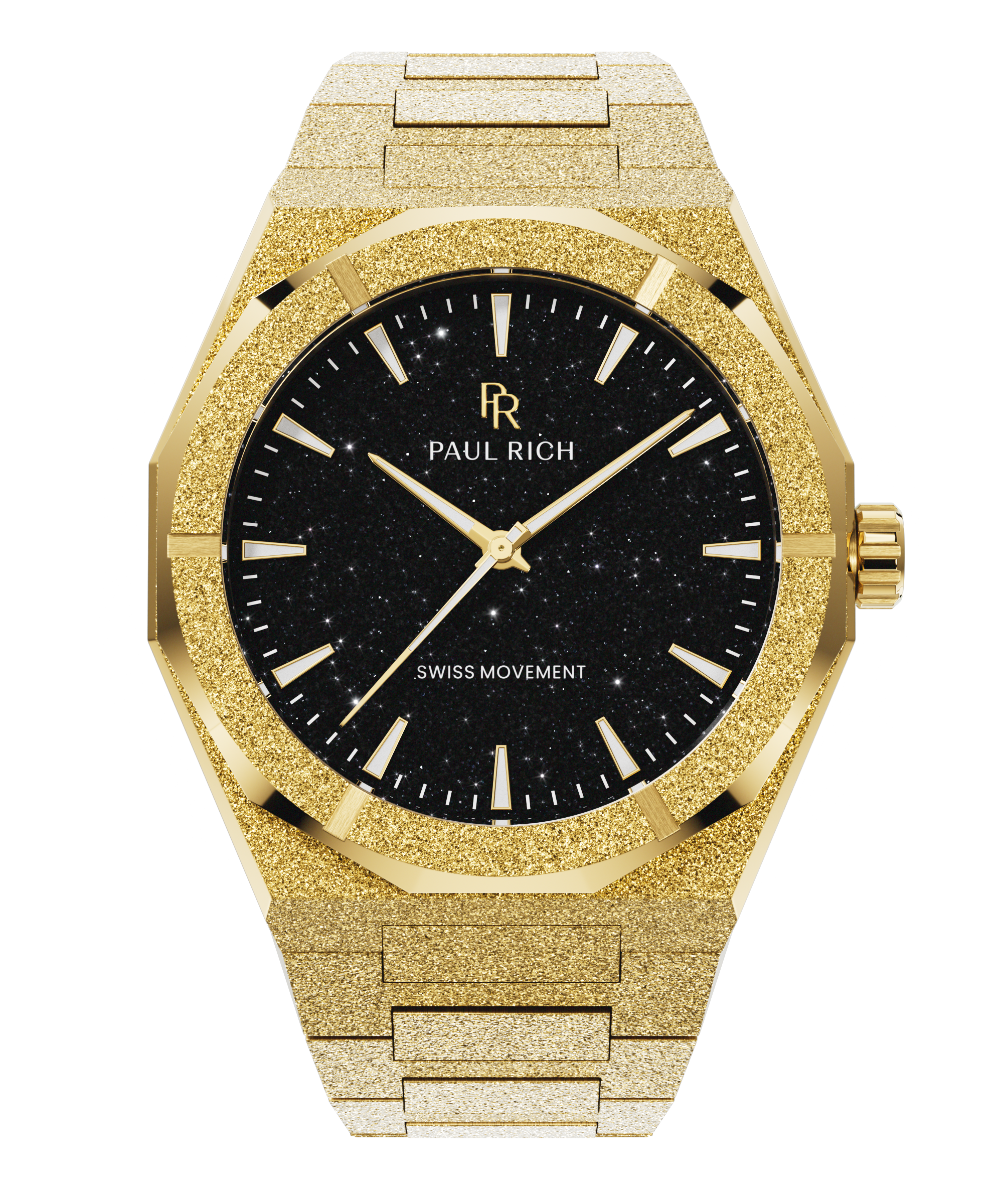 Paul Rich gold watch with a frosted case and bracelet, featuring a black aventurine dial and gold hour markers.