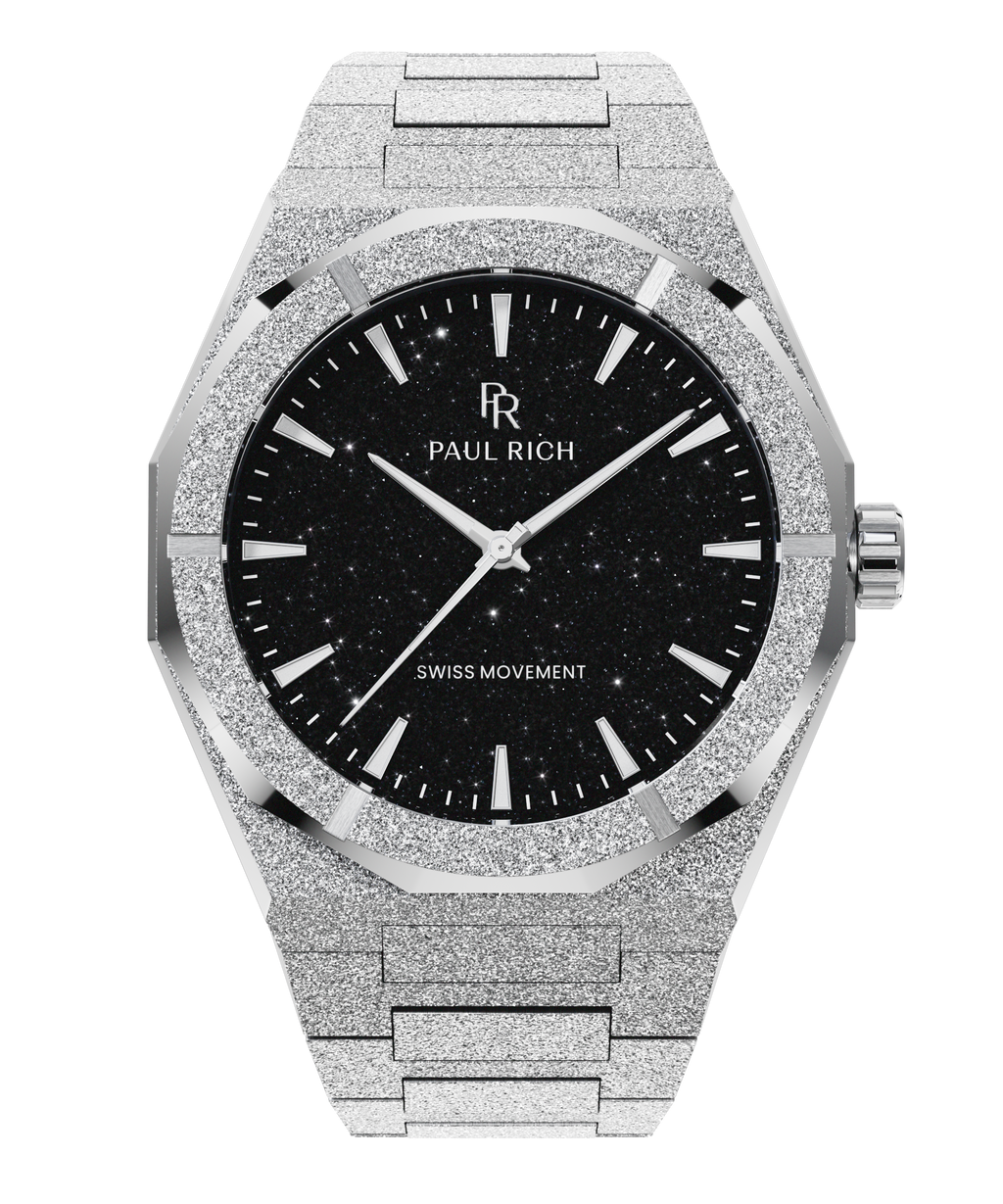 Paul Rich watch with frosted silver case and bracelet, featuring a black aventurine dial with silver hands and hour markers.