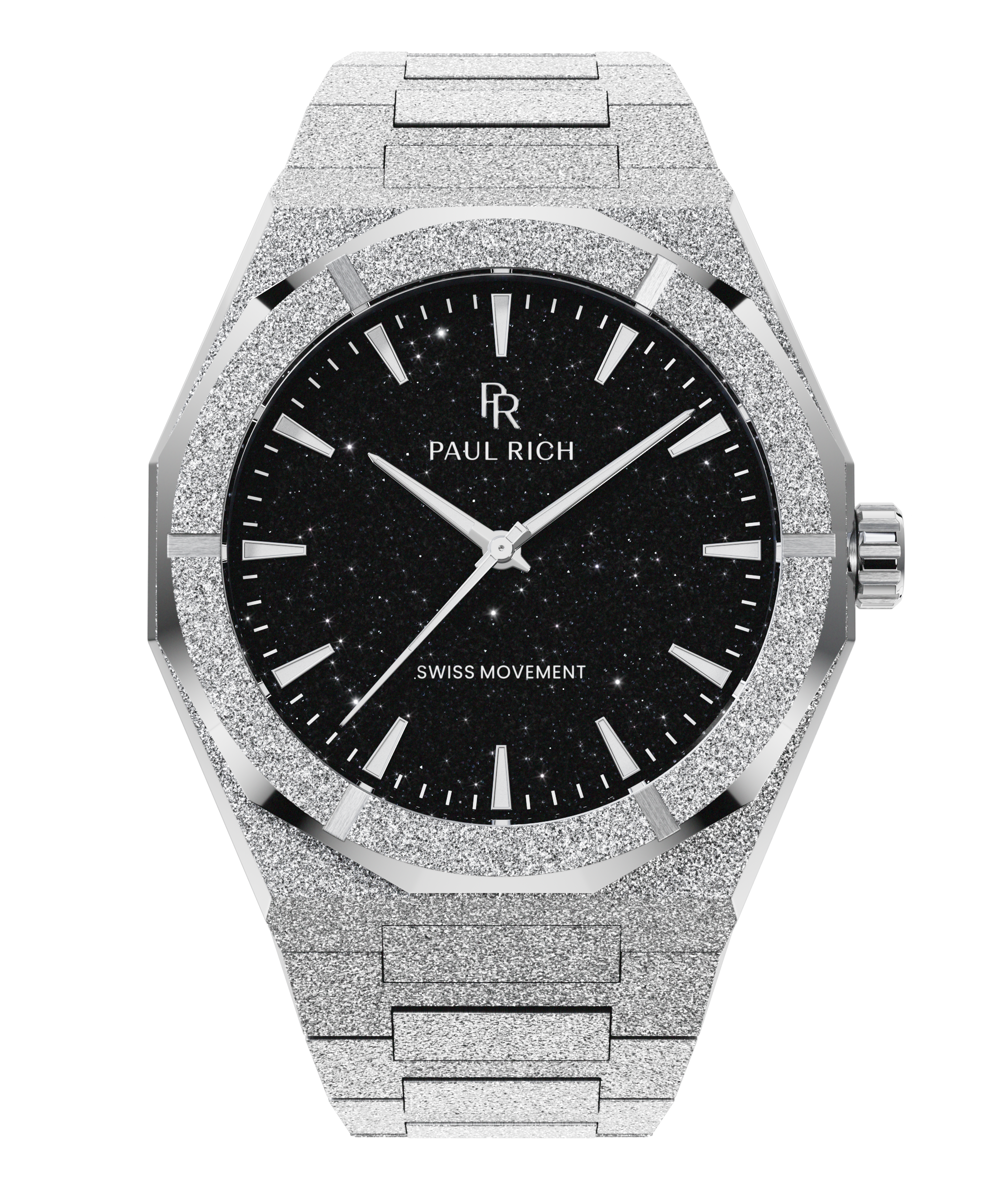 Paul Rich watch with frosted silver case and bracelet, featuring a black aventurine dial with silver hands and hour markers.