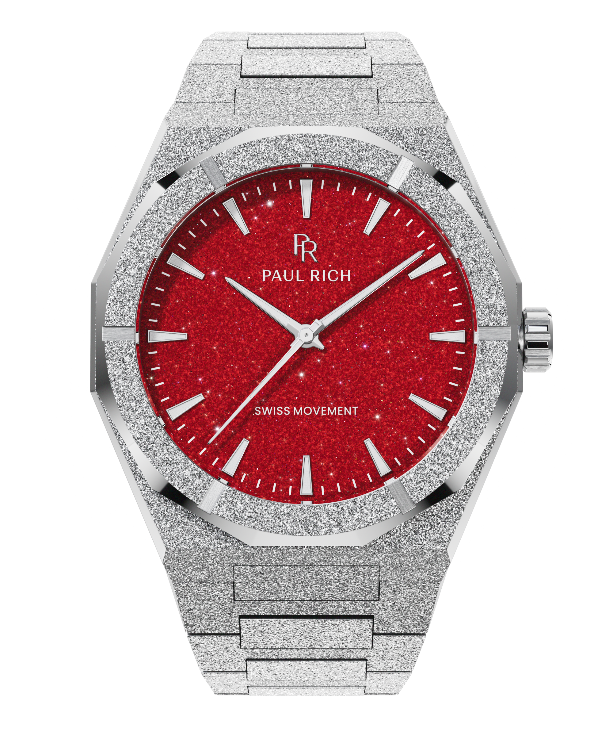 Paul Rich watch with frosted silver case and bracelet, featuring a red aventurine dial with silver hands and hour markers.
