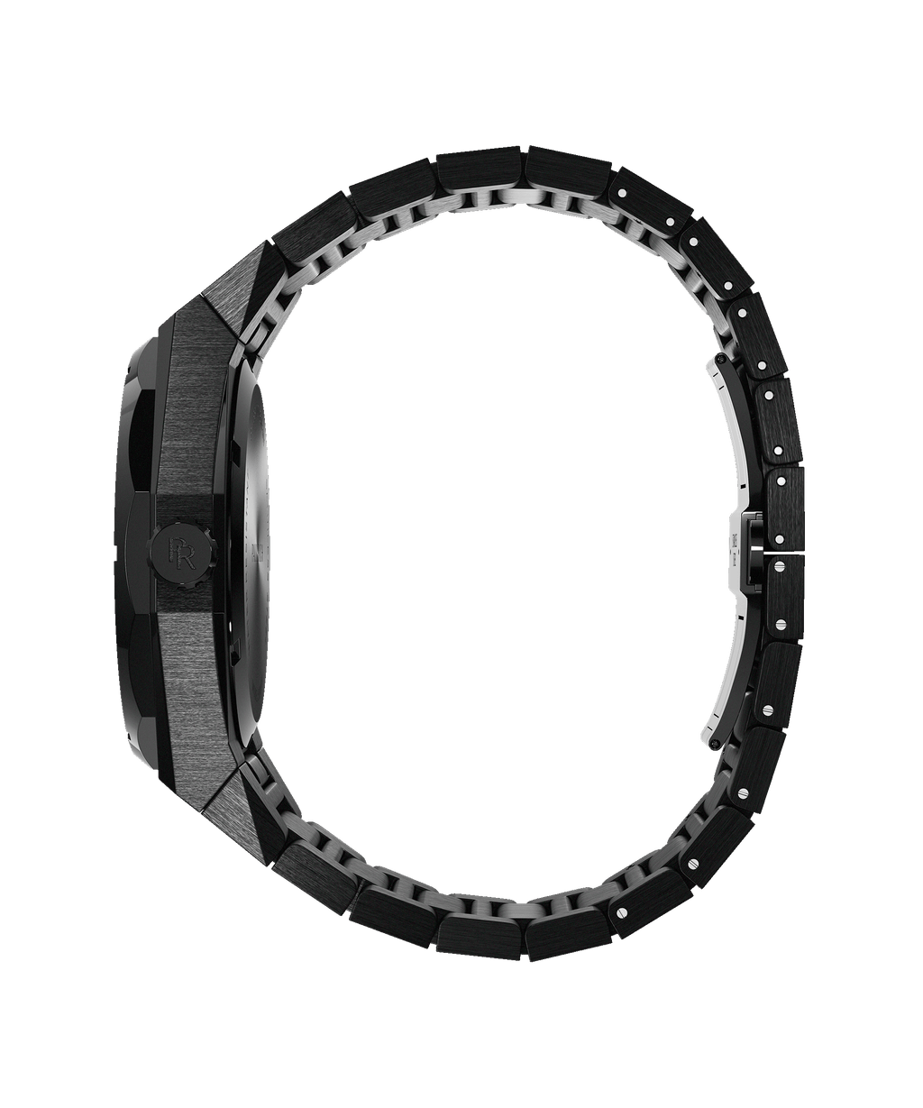Side view of a Paul Rich watch with brushed black case, engraved crown, and fully closed black link bracelet with polished inner structure.