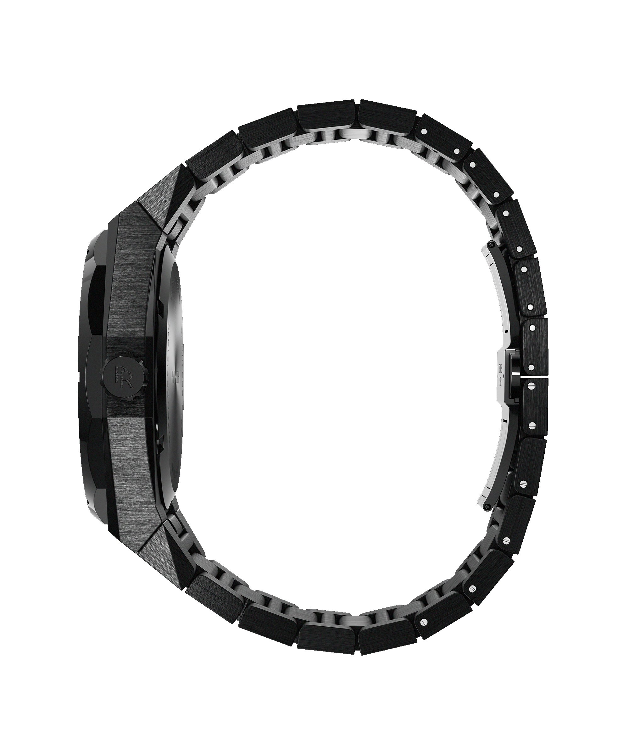 Side view of a Paul Rich watch with brushed black case, engraved crown, and fully closed black link bracelet with polished inner structure.