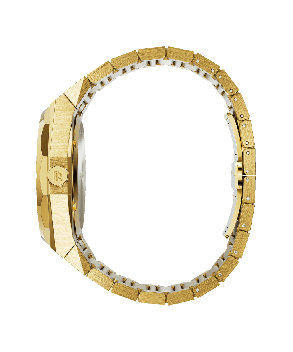 Side view of a gold-tone wristwatch with a brushed metal finish, crown engraved with “PR,” and a fully closed link bracelet.