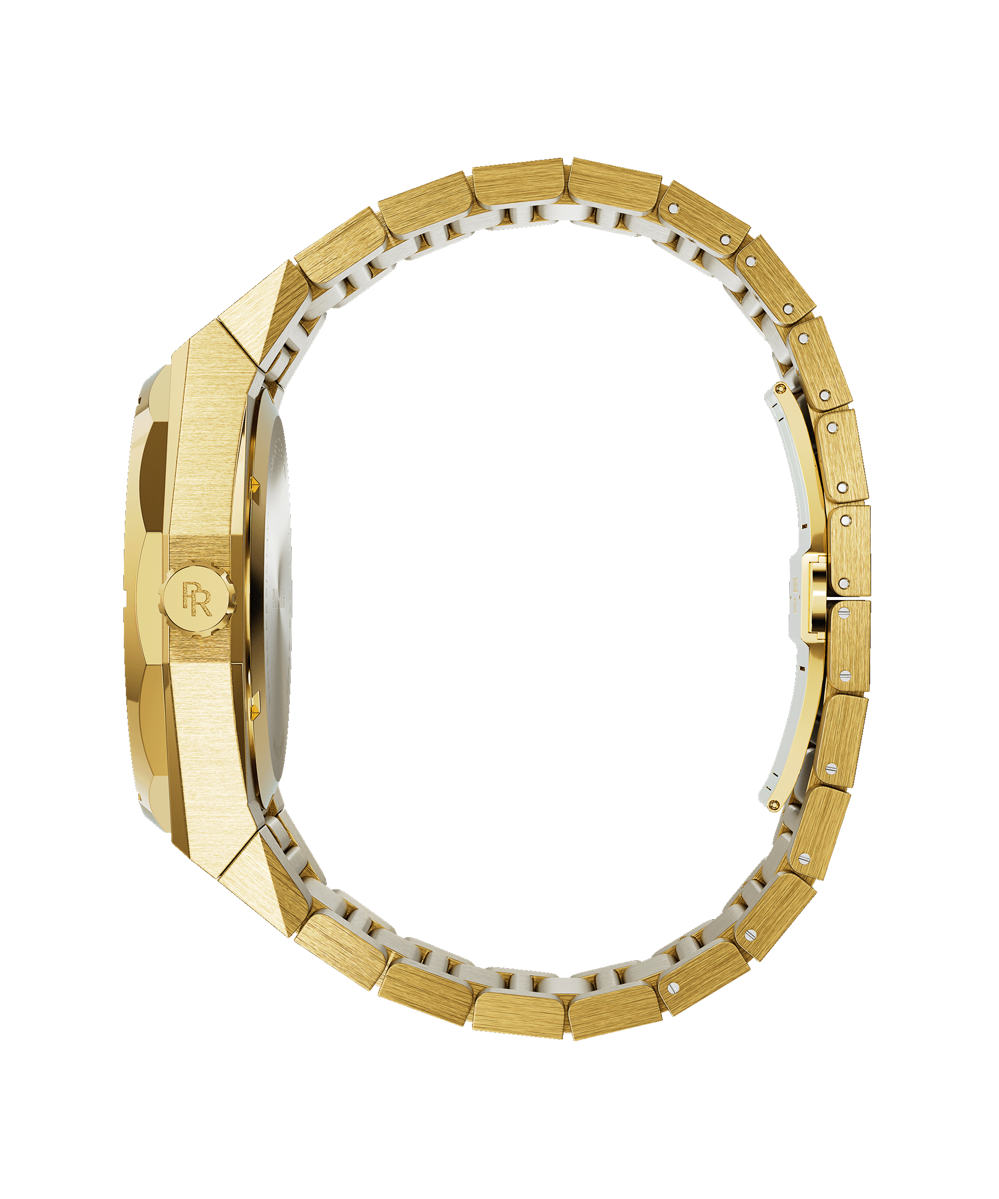 Side view of a gold-tone wristwatch with a brushed metal finish, crown engraved with “PR,” and a fully closed link bracelet.