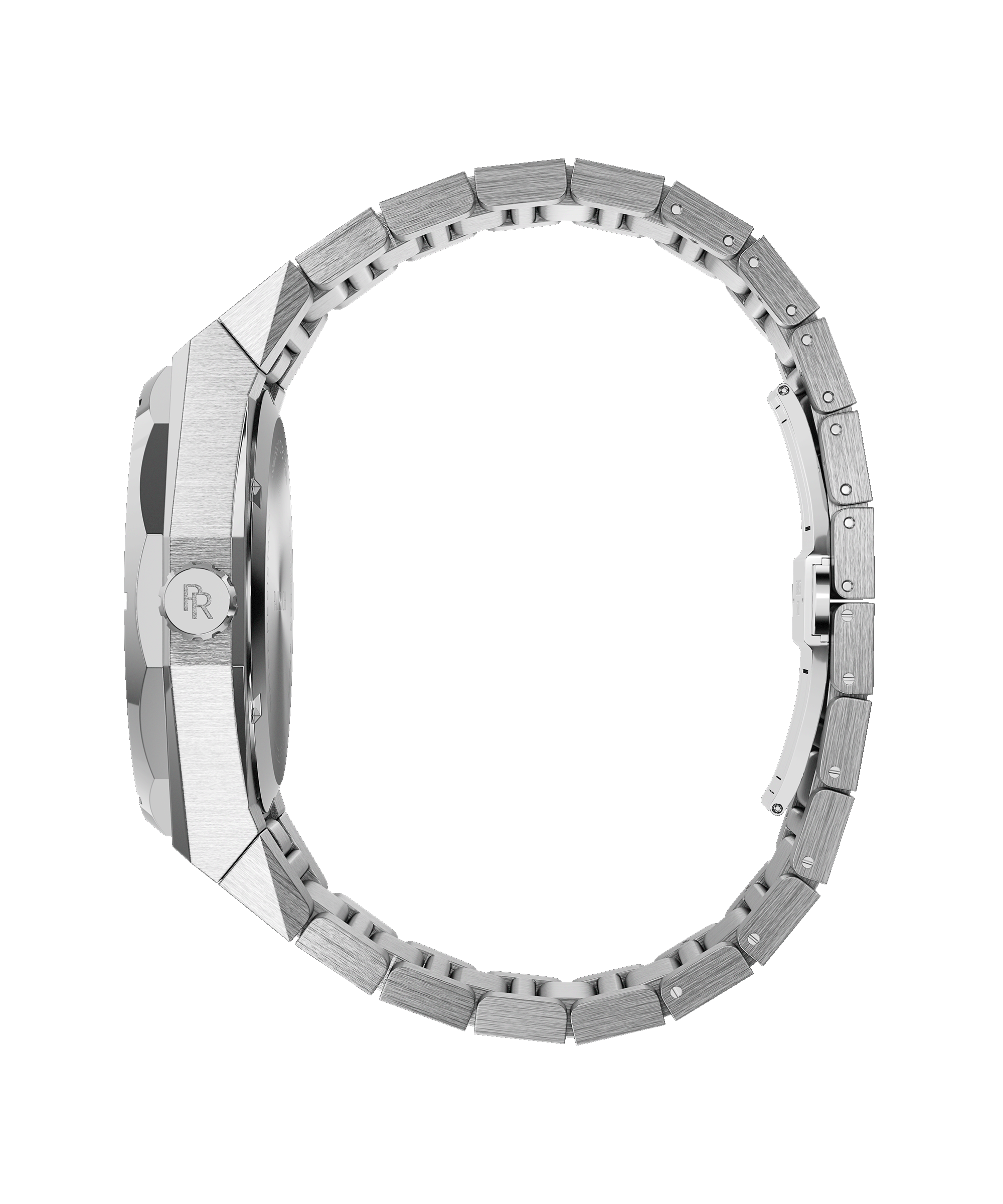 Side view of a Paul Rich watch with brushed silver case, engraved crown, and fully closed silver link bracelet.