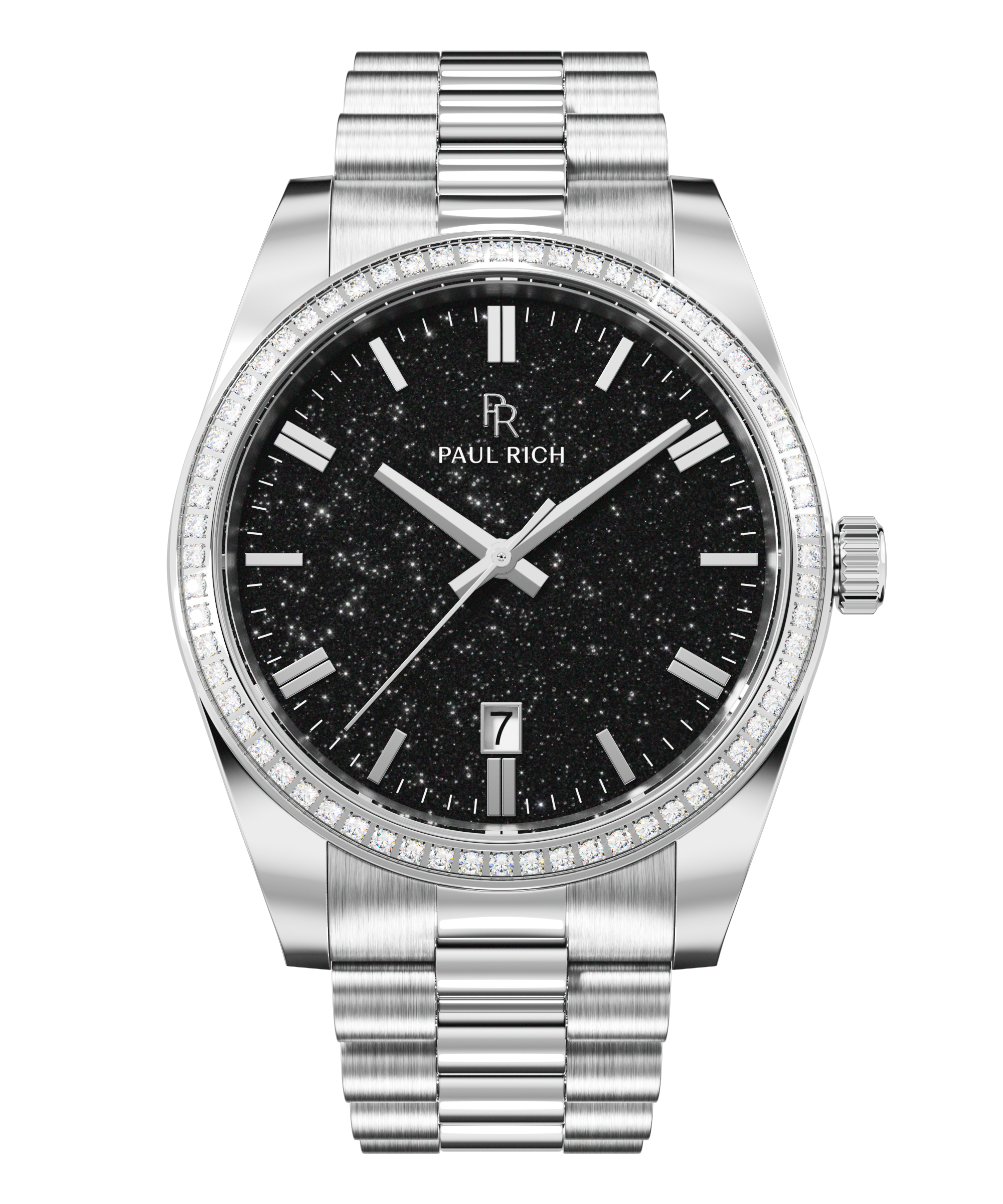 Silver wristwatch with a black aventurine dial, crystal-set bezel, silver hour markers, and metal bracelet shown on a transparent background.
