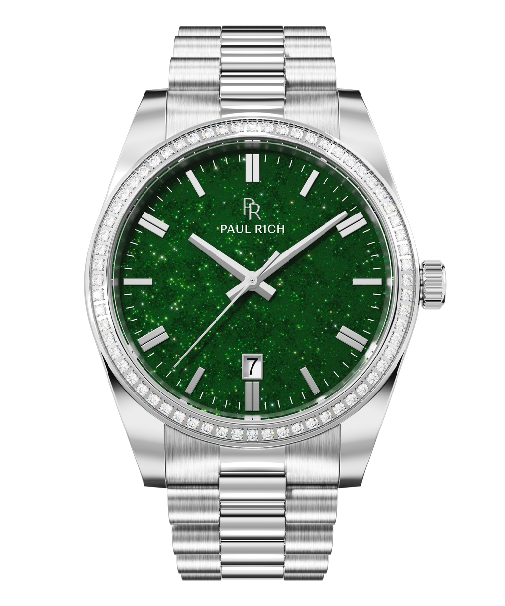 Silver wristwatch with a green aventurine dial, crystal-set bezel, silver hour markers, and metal bracelet shown on a transparent background.