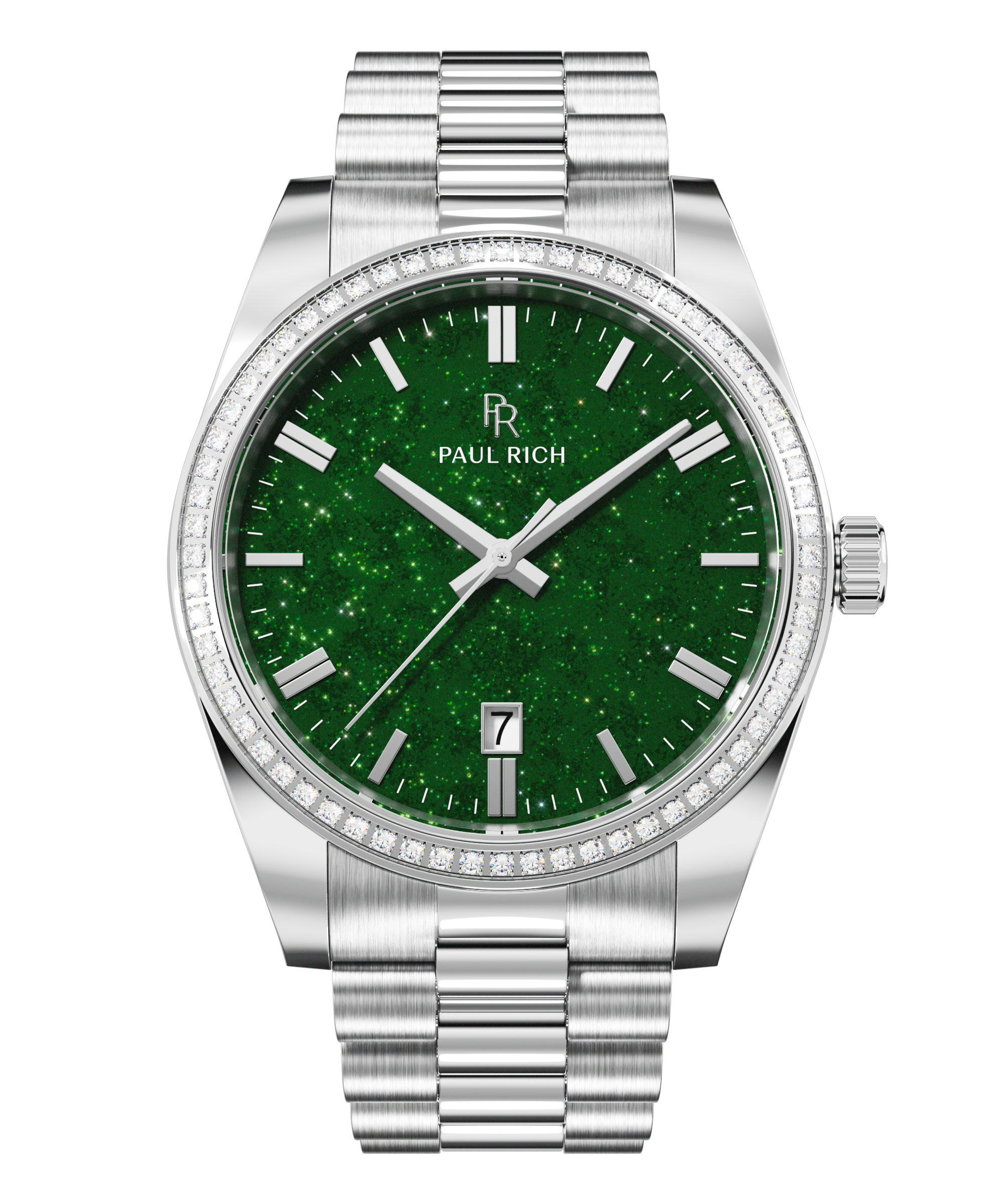 Silver wristwatch with a green aventurine dial, crystal-set bezel, silver hour markers, and metal bracelet shown on a transparent background.