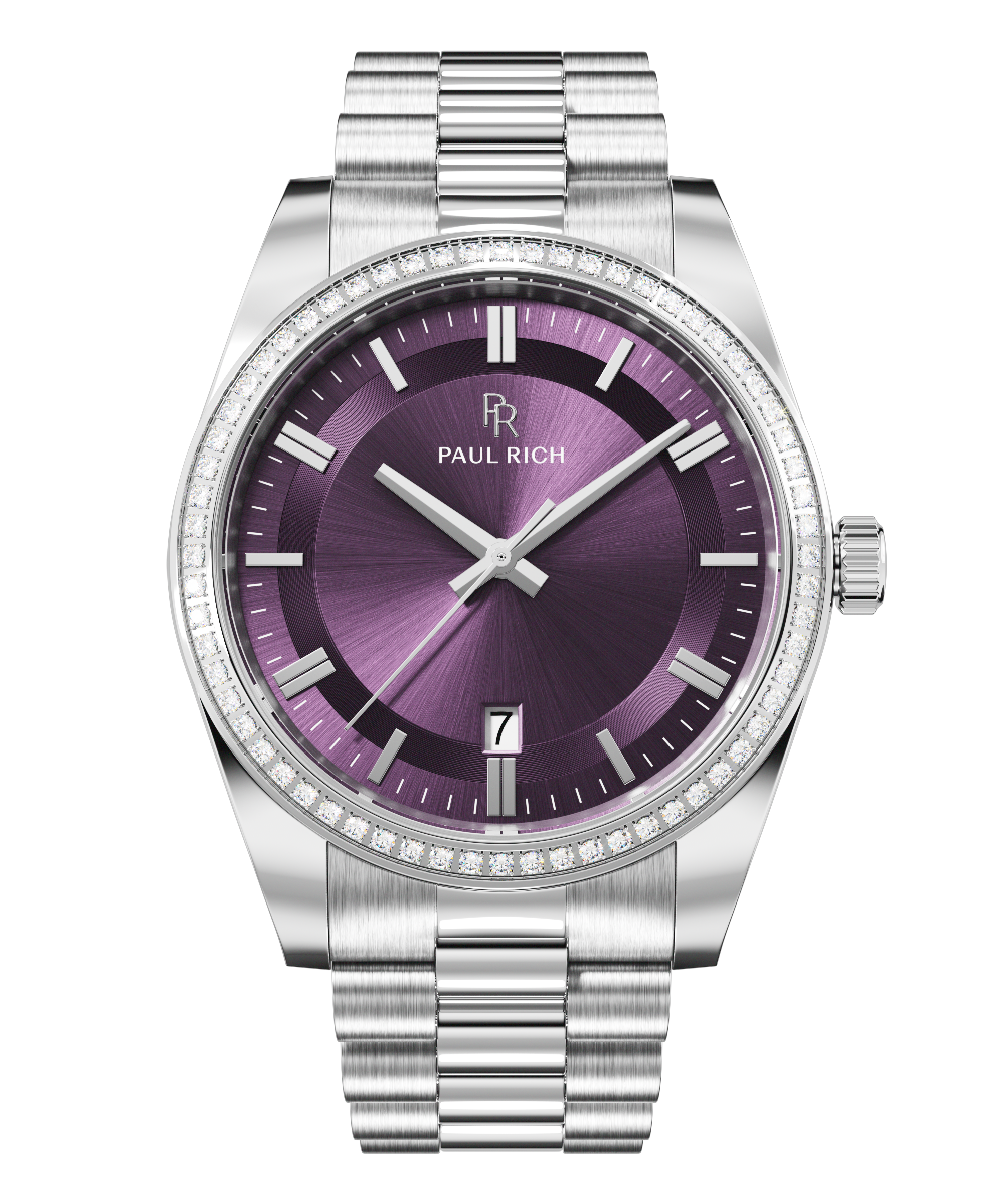 Silver wristwatch with a purple sunburst dial, crystal-set bezel, silver hour markers, and metal bracelet shown on a transparent background.