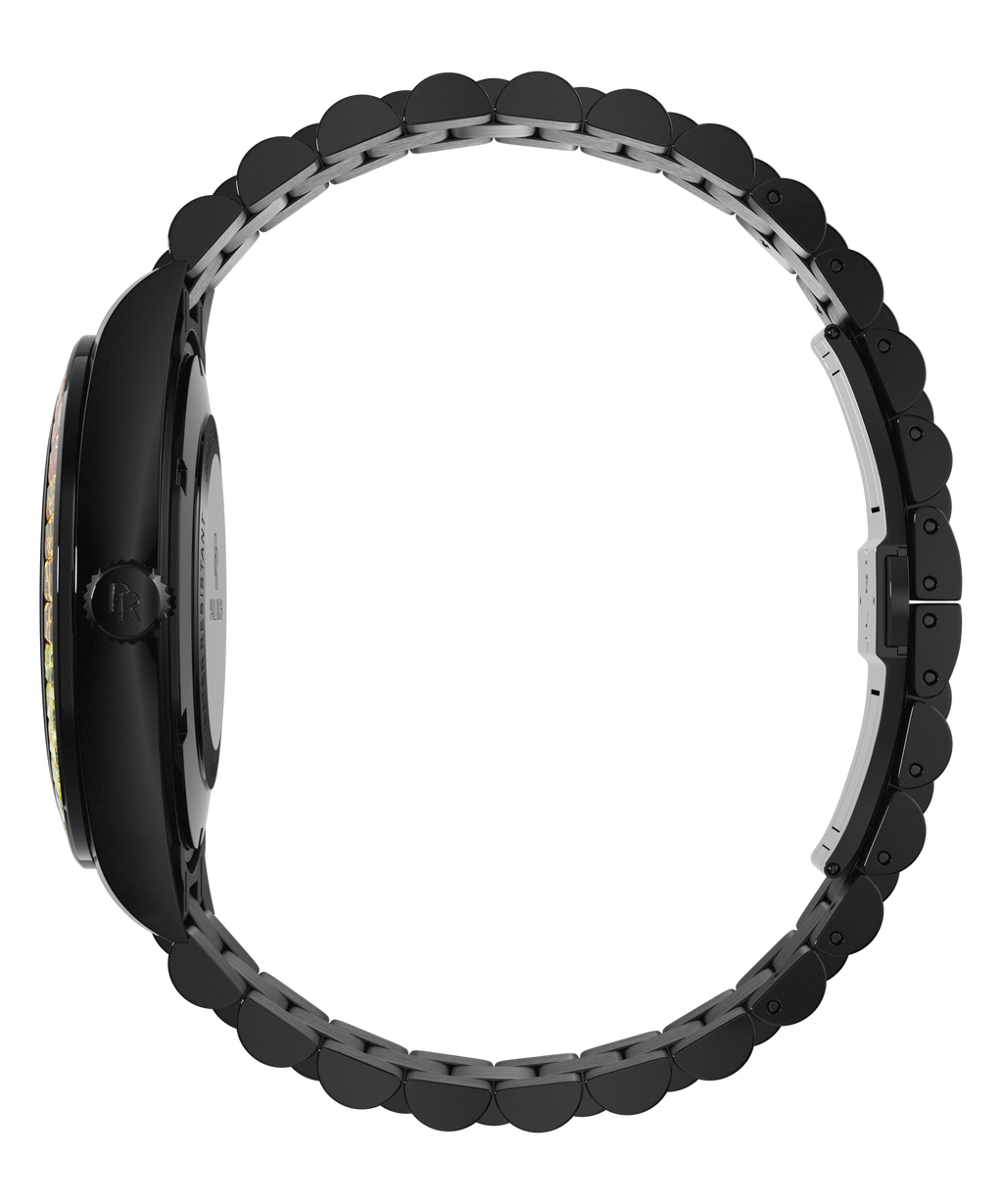 Side view of a black wristwatch with engraved crown and metal bracelet, showing the case profile and full closed loop on a transparent background.