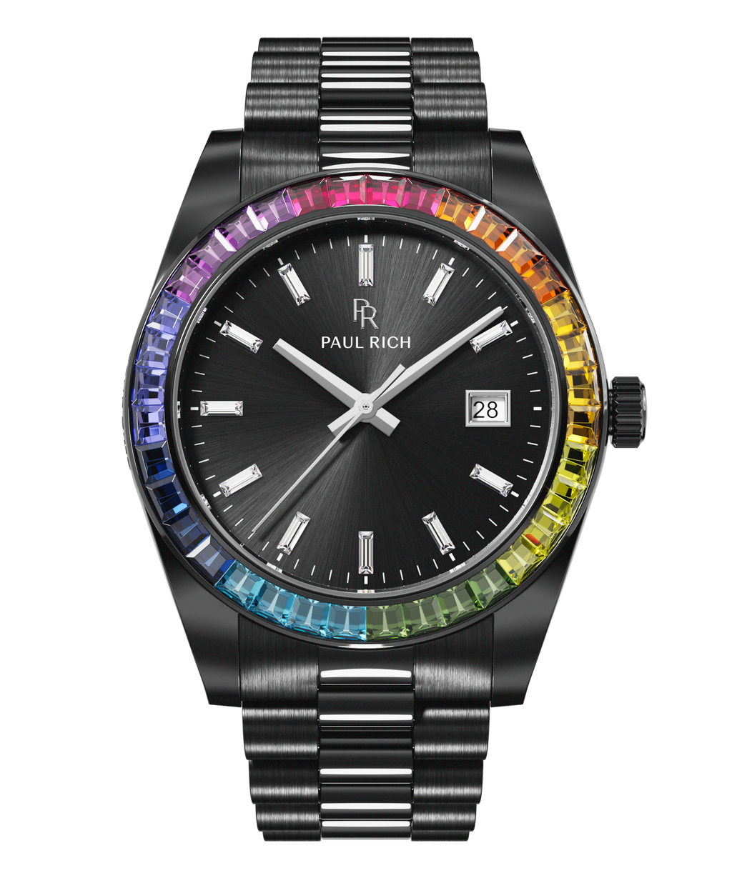 Black wristwatch with a dark sunburst dial, baguette hour markers, and a rainbow bezel on a metal bracelet shown on a transparent background.