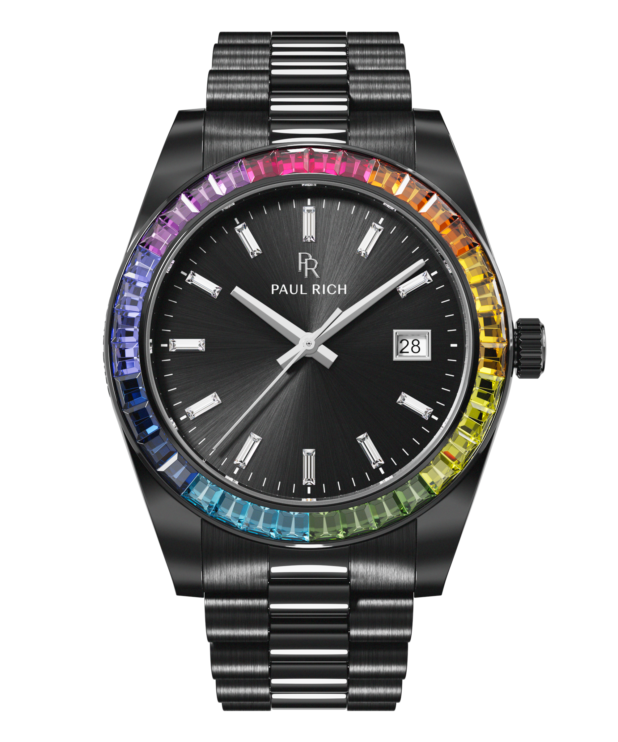 Black wristwatch with a dark sunburst dial, baguette hour markers, and a rainbow bezel on a metal bracelet shown on a transparent background.