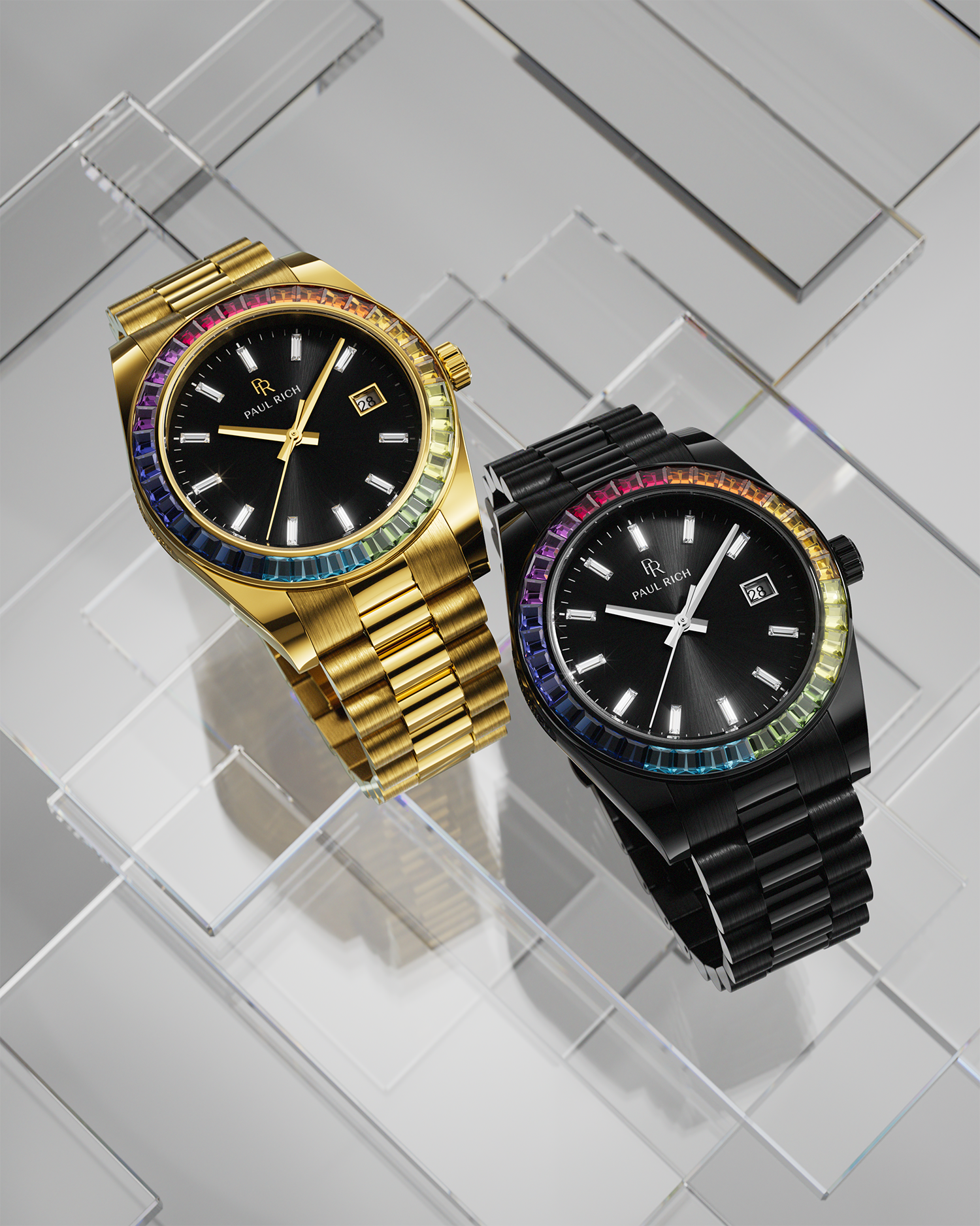 Gold and black wristwatches with black sunburst dials and rainbow bezels displayed side by side on a reflective geometric glass surface.