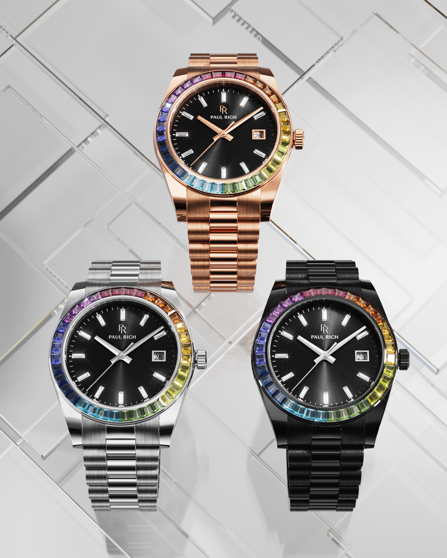Three wristwatches with black dials and rainbow bezels in rose gold, silver, and black finishes displayed on a reflective geometric surface.