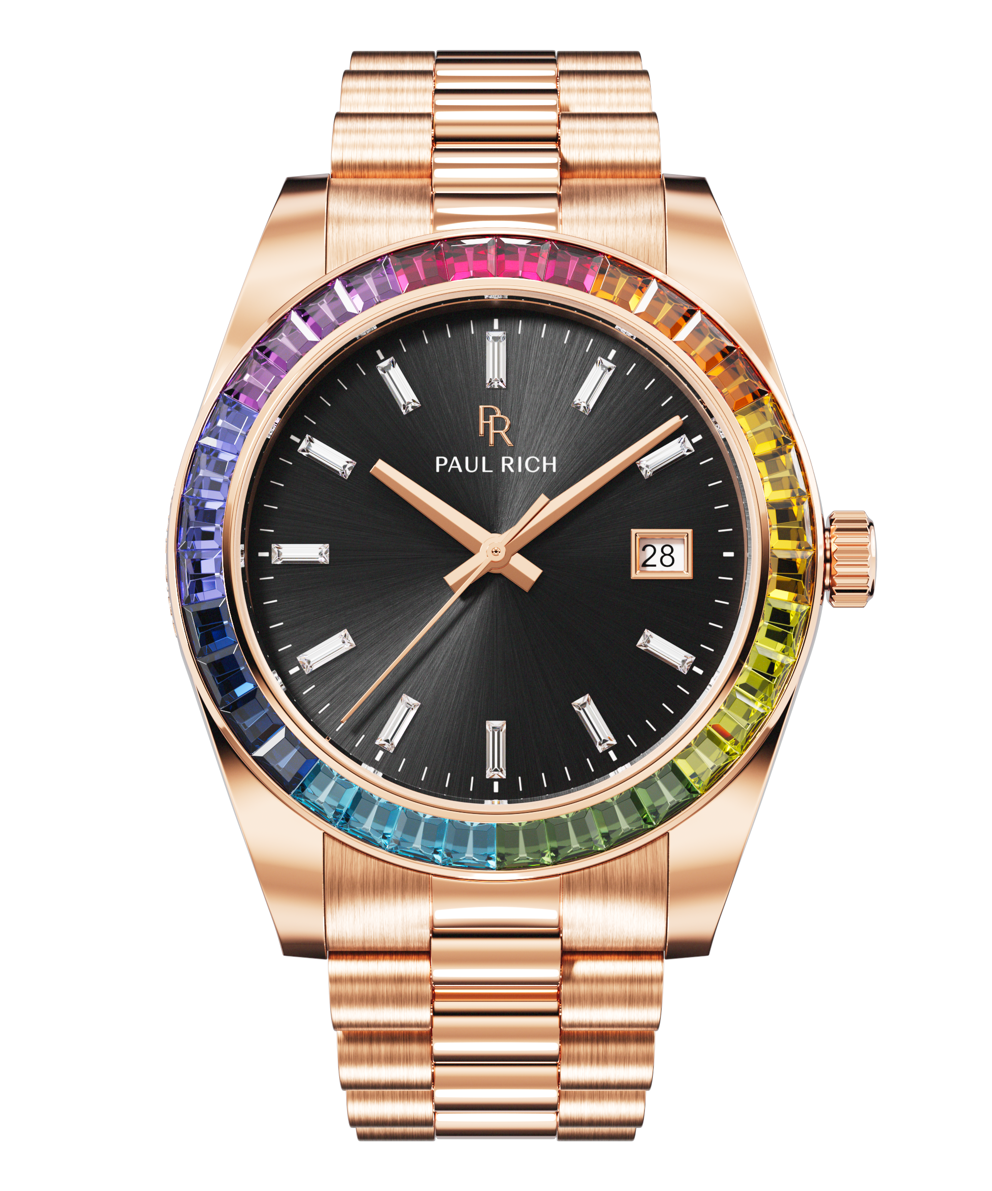 Rose gold wristwatch with a black sunburst dial, baguette hour markers, and a rainbow bezel shown on a transparent background.