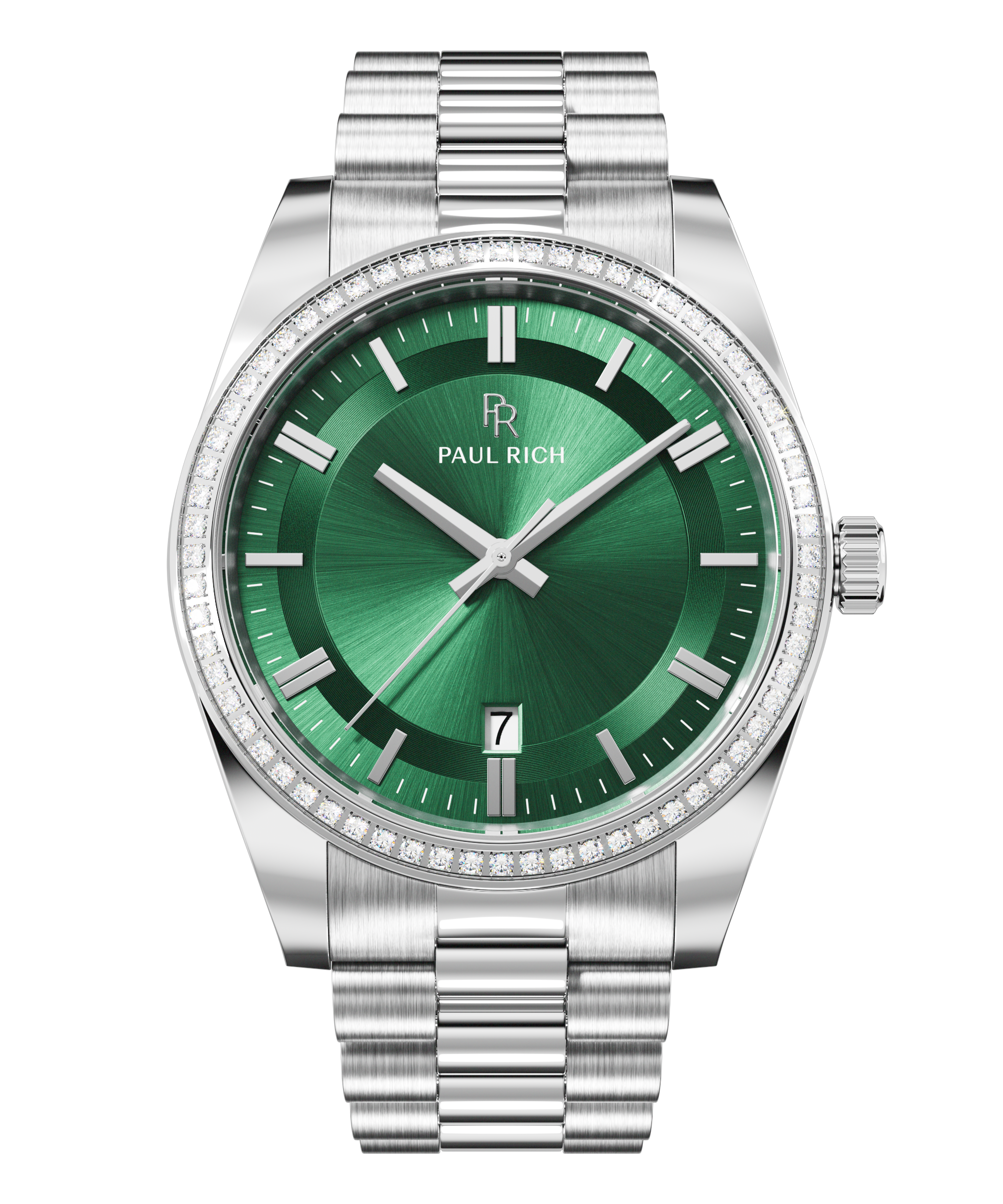 Silver watch with a green sunburst dial, date window at six o’clock, crystal-set bezel, and metal link bracelet.