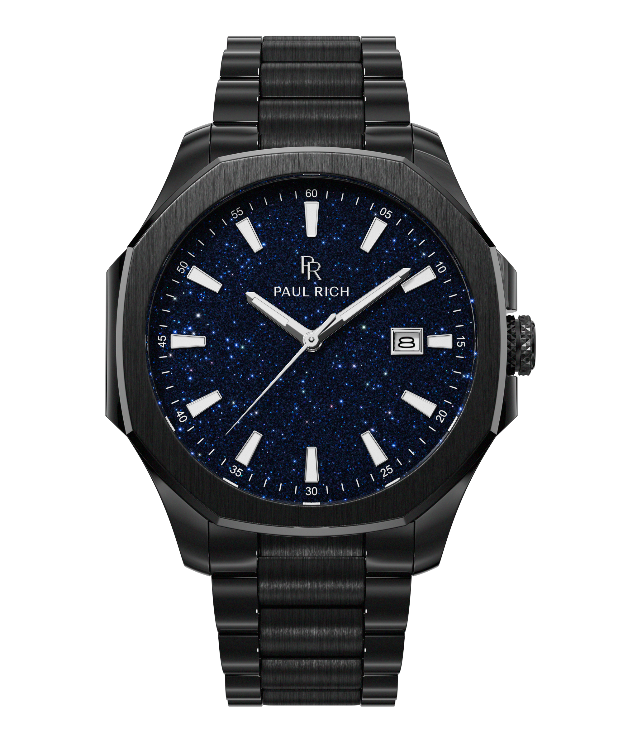 Front view of Paul Rich watch with brushed black case and bracelet, blue aventurine dial, silver indices, and date window at 3 o’clock.