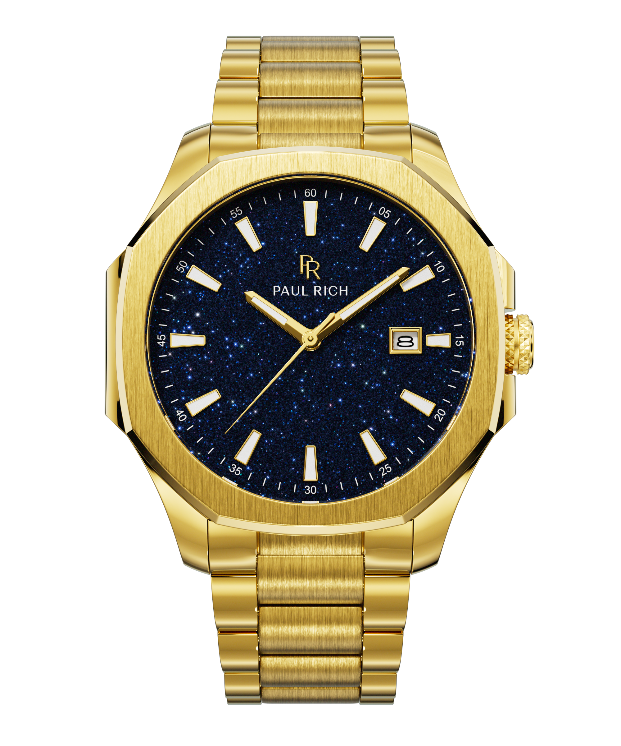 Front view of Paul Rich watch with brushed gold case and bracelet, deep blue aventurine dial, gold indices, and date window at 3 o’clock.