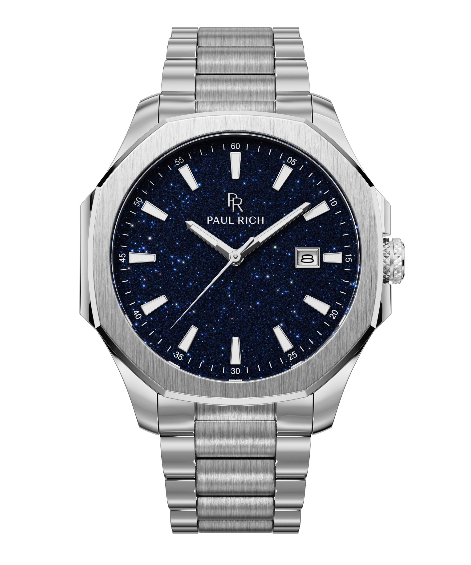 Front view of Paul Rich watch with brushed silver case and bracelet, blue aventurine dial, silver indices, and date window at 3 o’clock.