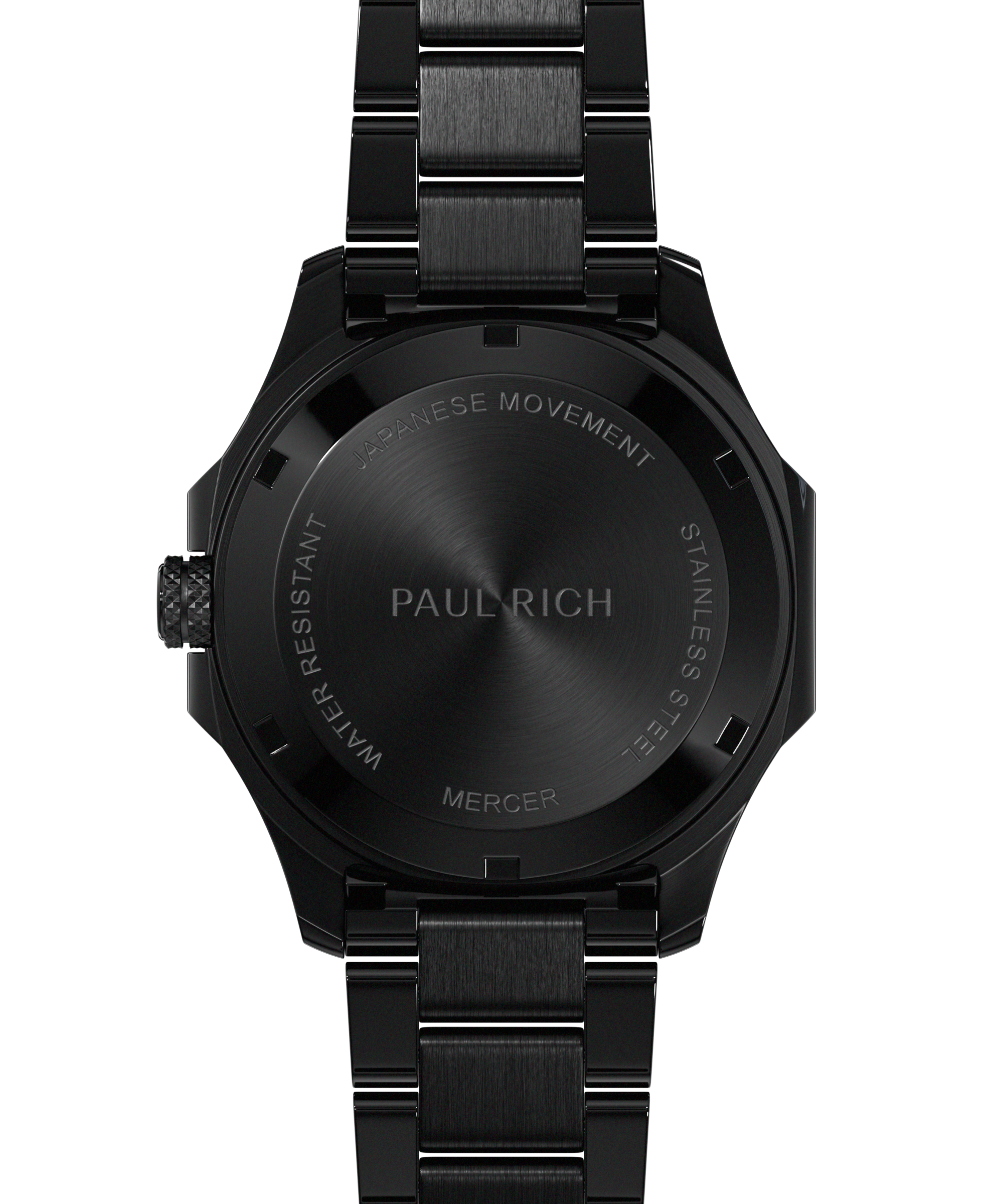Back view of Paul Rich watch with brushed black caseback engraved with “PAUL RICH,” “MERCER,” “JAPANESE MOVEMENT,” and “STAINLESS STEEL.”