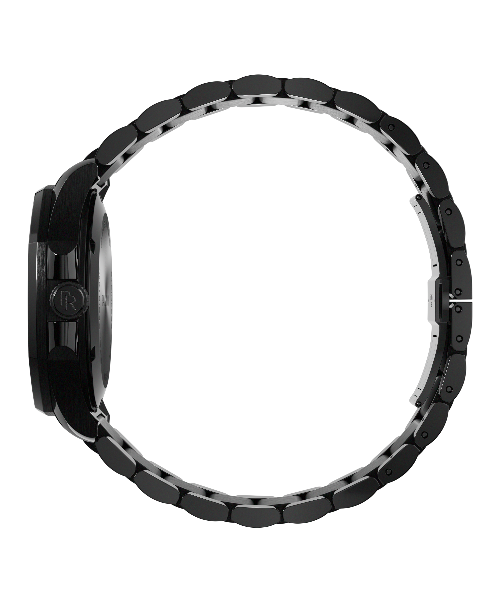Side view of Paul Rich watch with brushed black case, PR monogram crown, and closed black metal bracelet forming a circular loop.