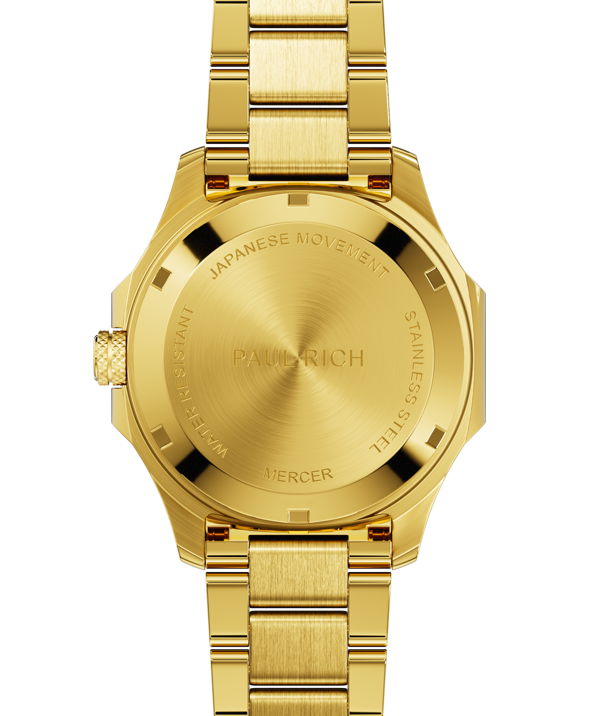 Back view of Paul Rich watch with brushed gold caseback engraved with “PAUL RICH,” “MERCER,” “JAPANESE MOVEMENT,” and “STAINLESS STEEL.”