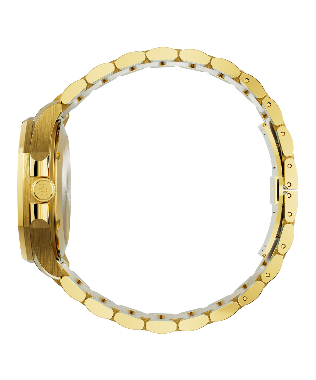 Side view of Paul Rich watch with brushed gold case, PR monogram crown, and polished gold bracelet fully closed in a circular loop.