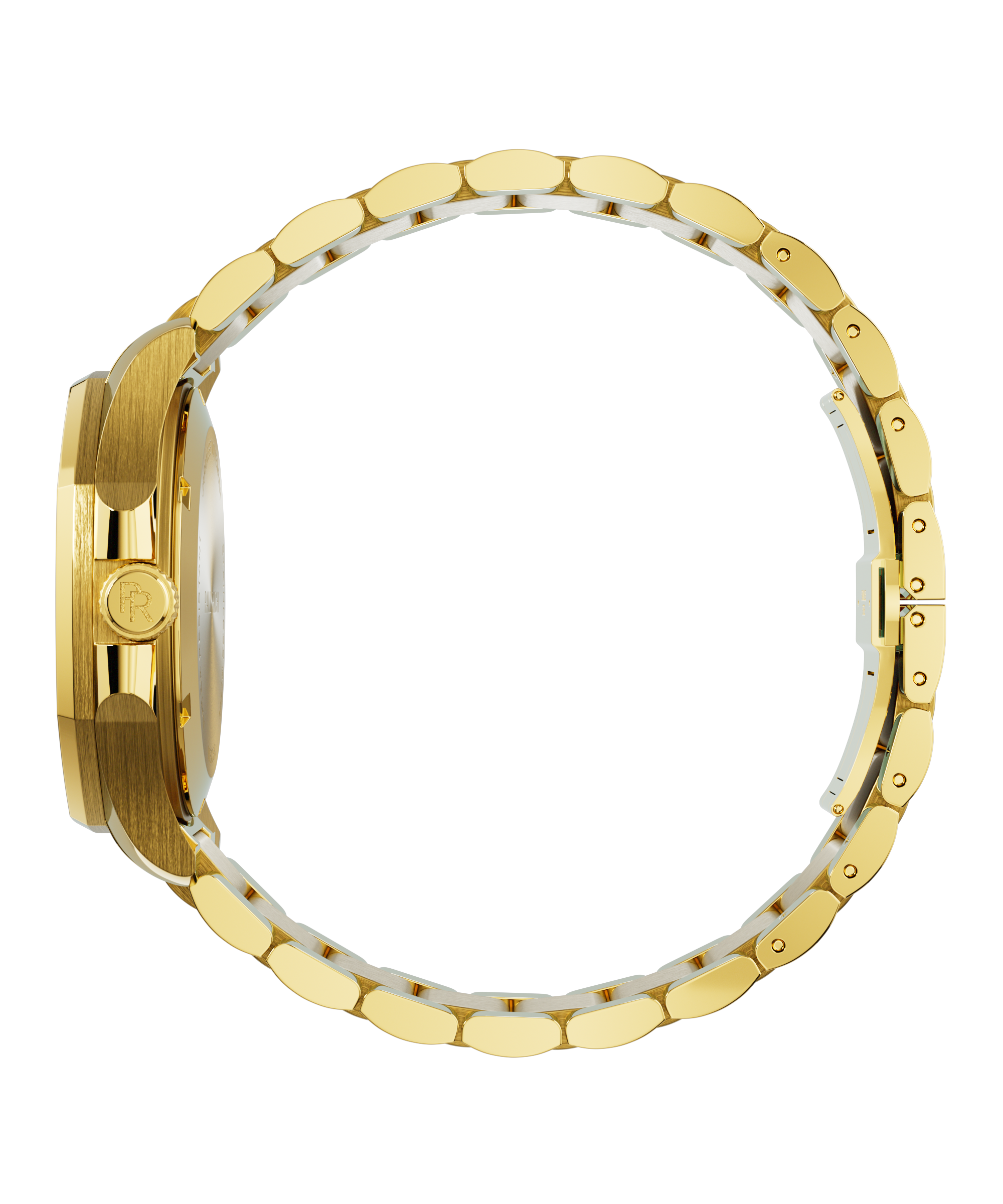 Side view of Paul Rich watch with brushed gold case, PR monogram crown, and polished gold bracelet fully closed in a circular loop.