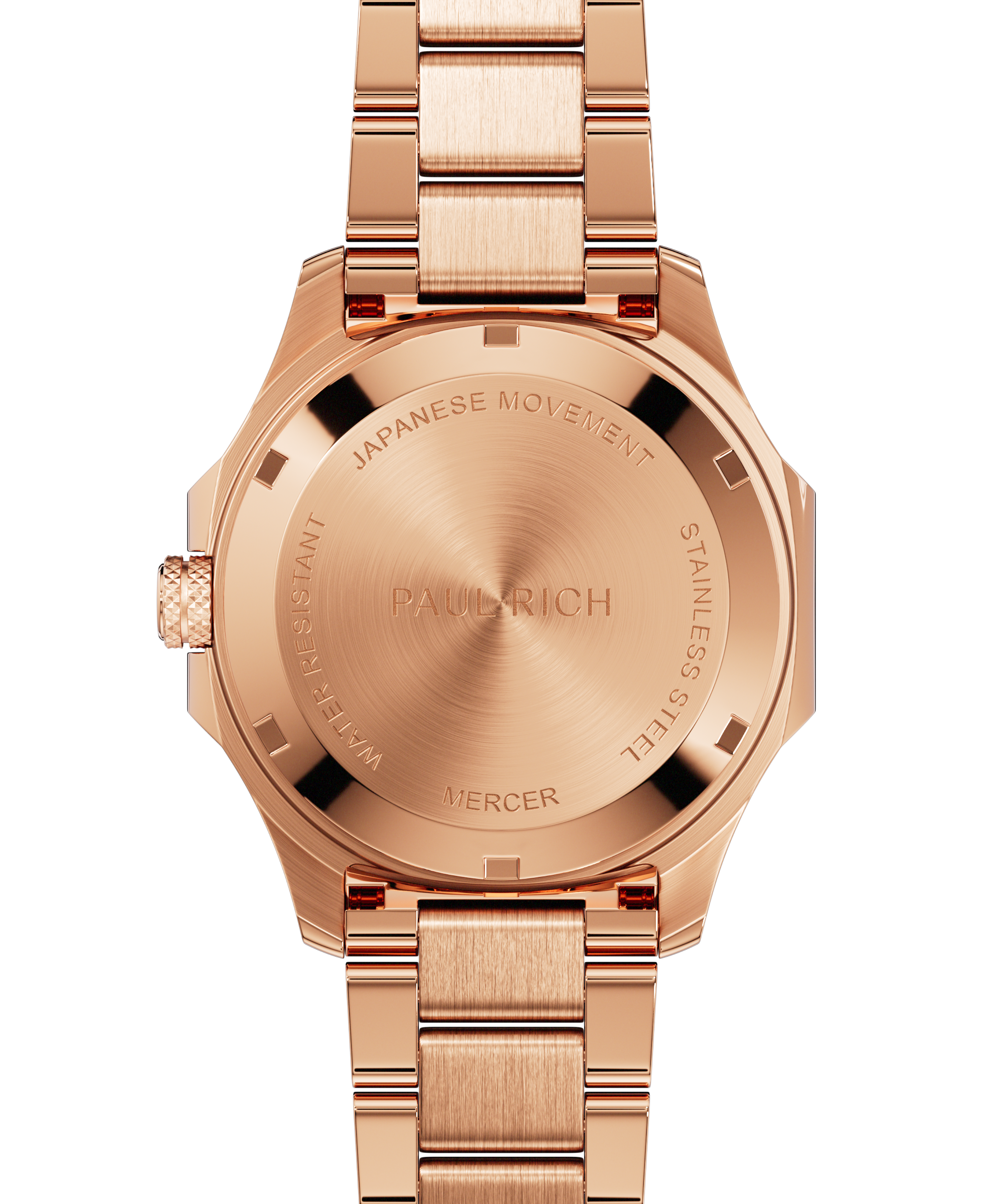 Back view of Paul Rich watch with brushed rose gold caseback engraved with “PAUL RICH,” “MERCER,” “JAPANESE MOVEMENT,” and “STAINLESS STEEL.”