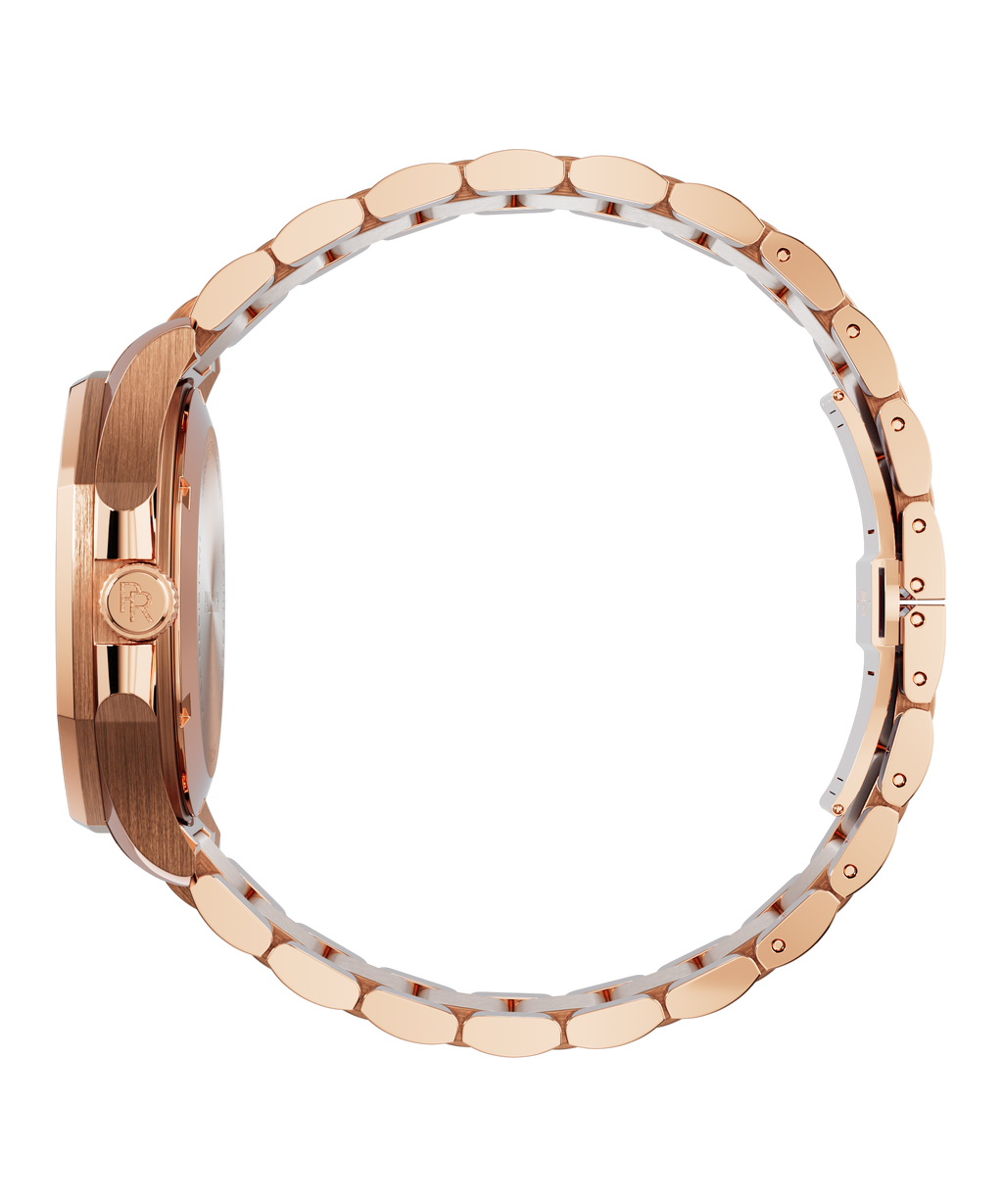 Side view of Paul Rich watch with brushed rose gold case, PR monogram crown, and polished rose gold bracelet closed in a full circle.