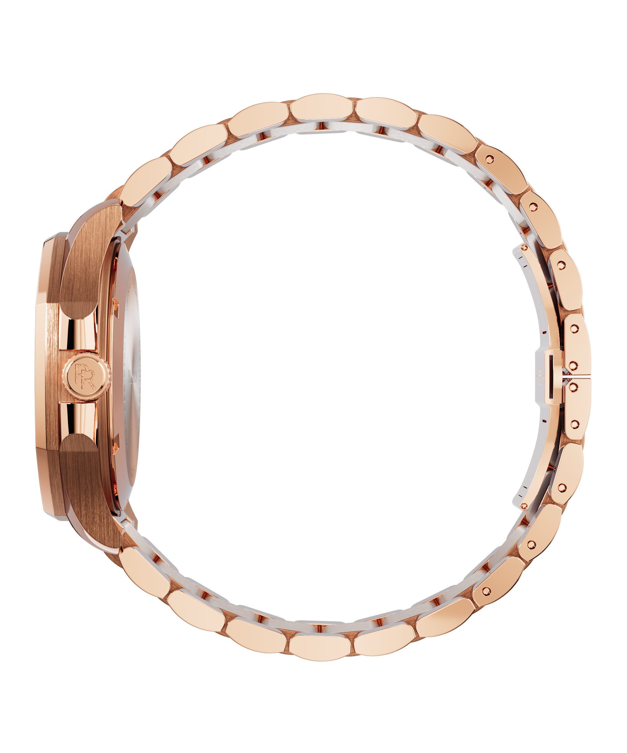 Side view of Paul Rich watch with brushed rose gold case, PR monogram crown, and polished rose gold bracelet closed in a full circle.