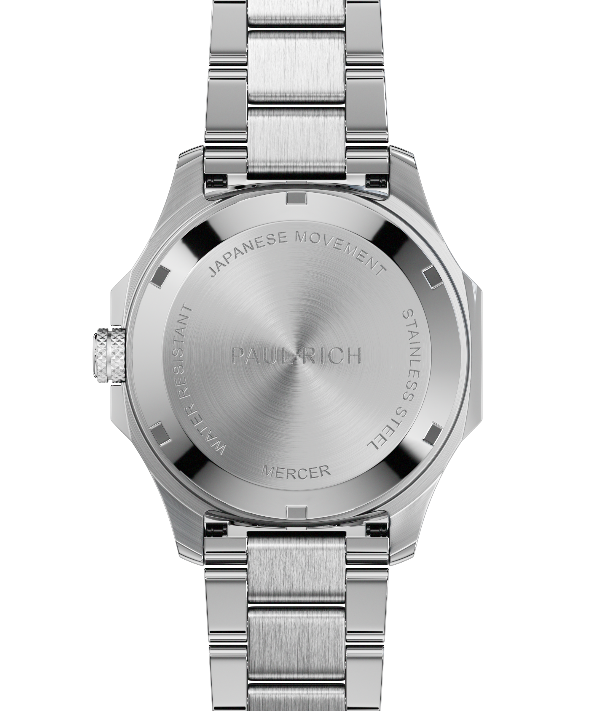 Back view of Paul Rich watch with brushed silver caseback engraved with "PAUL RICH", "MERCER", "JAPANESE MOVEMENT", and "STAINLESS STEEL".