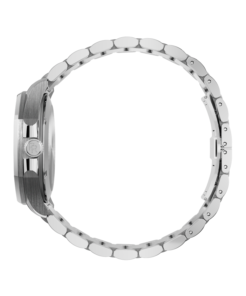 Side view of Paul Rich watch with brushed silver case, PR monogram crown, and polished silver bracelet fully closed in a circular loop.