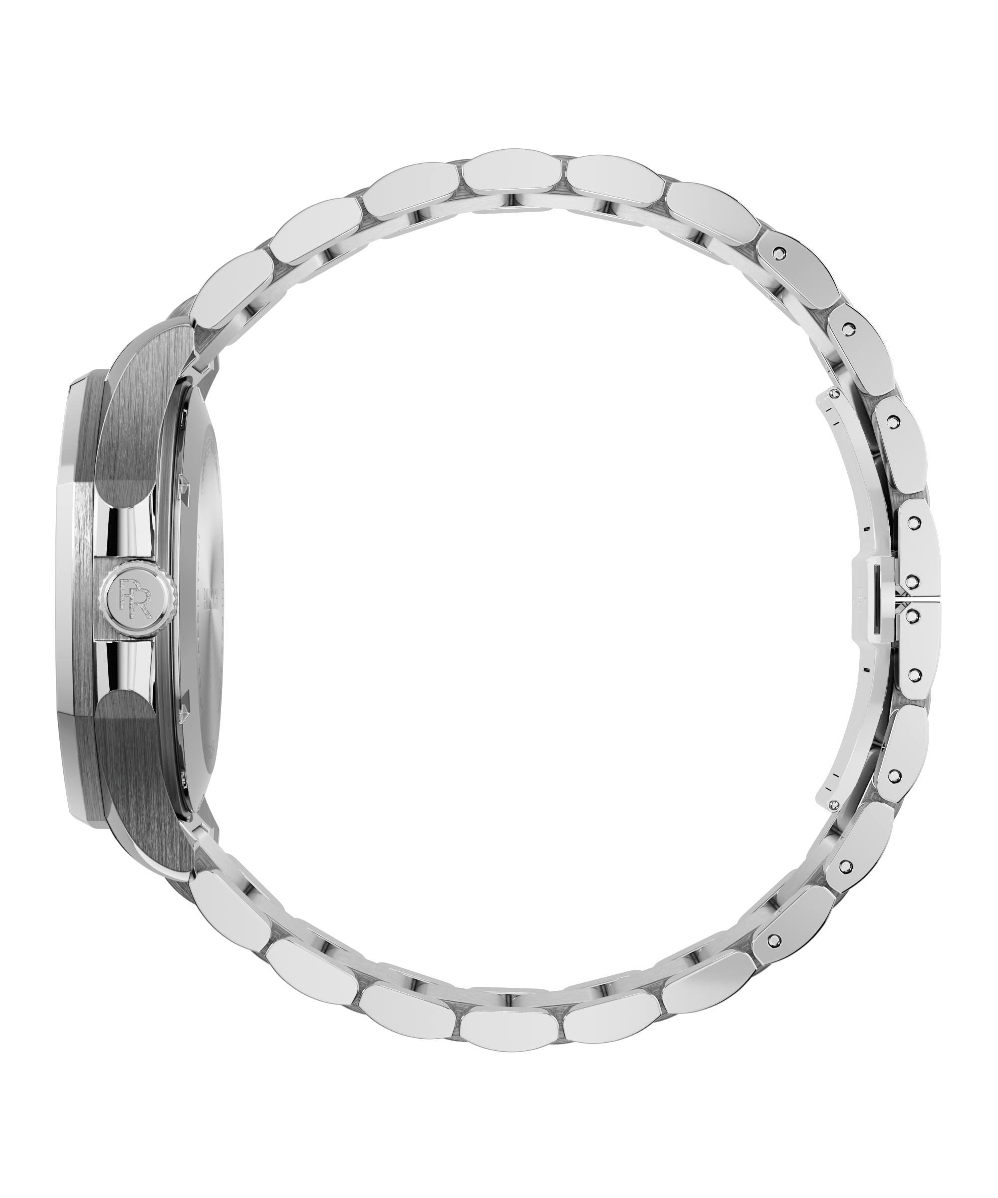 Side view of Paul Rich watch with brushed silver case, PR monogram crown, and polished silver bracelet fully closed in a circular loop.
