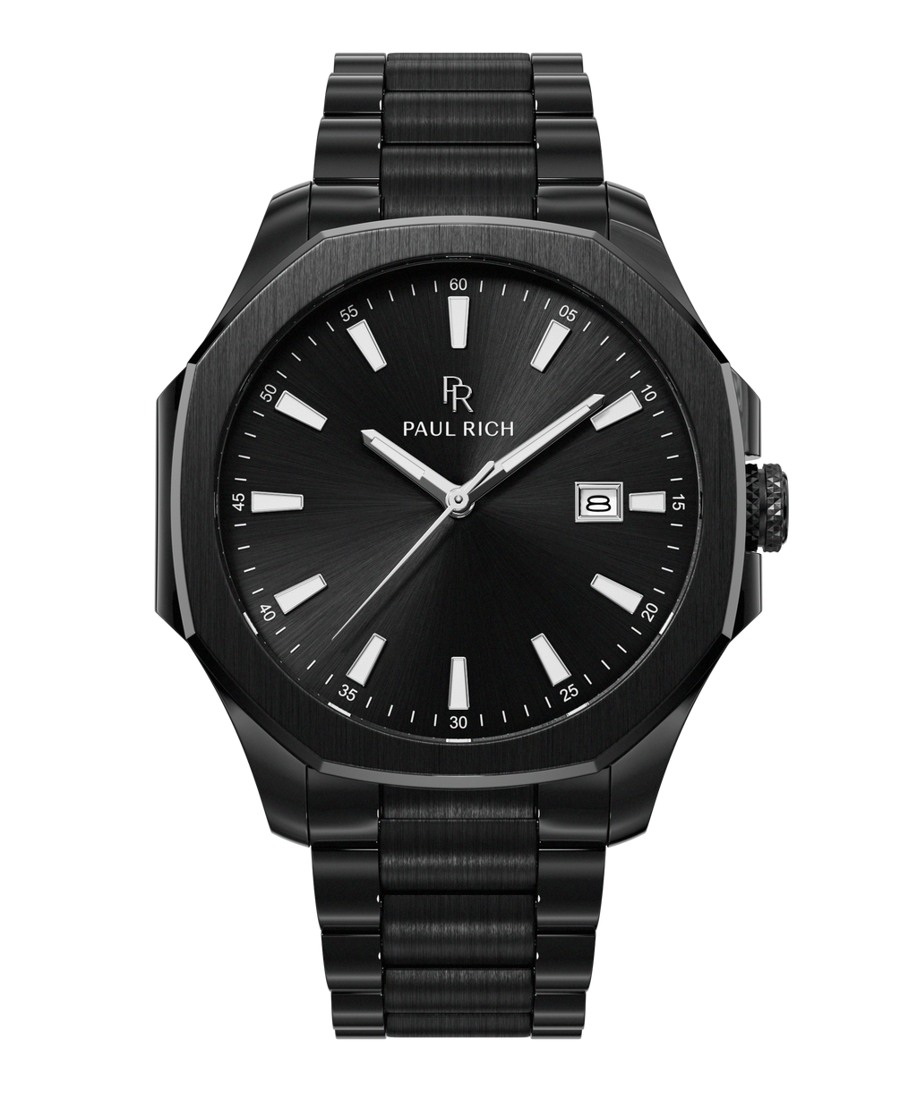 Front view of Paul Rich watch with black sunray dial, silver indices, date window at 3 o’clock, and brushed black metal bracelet.