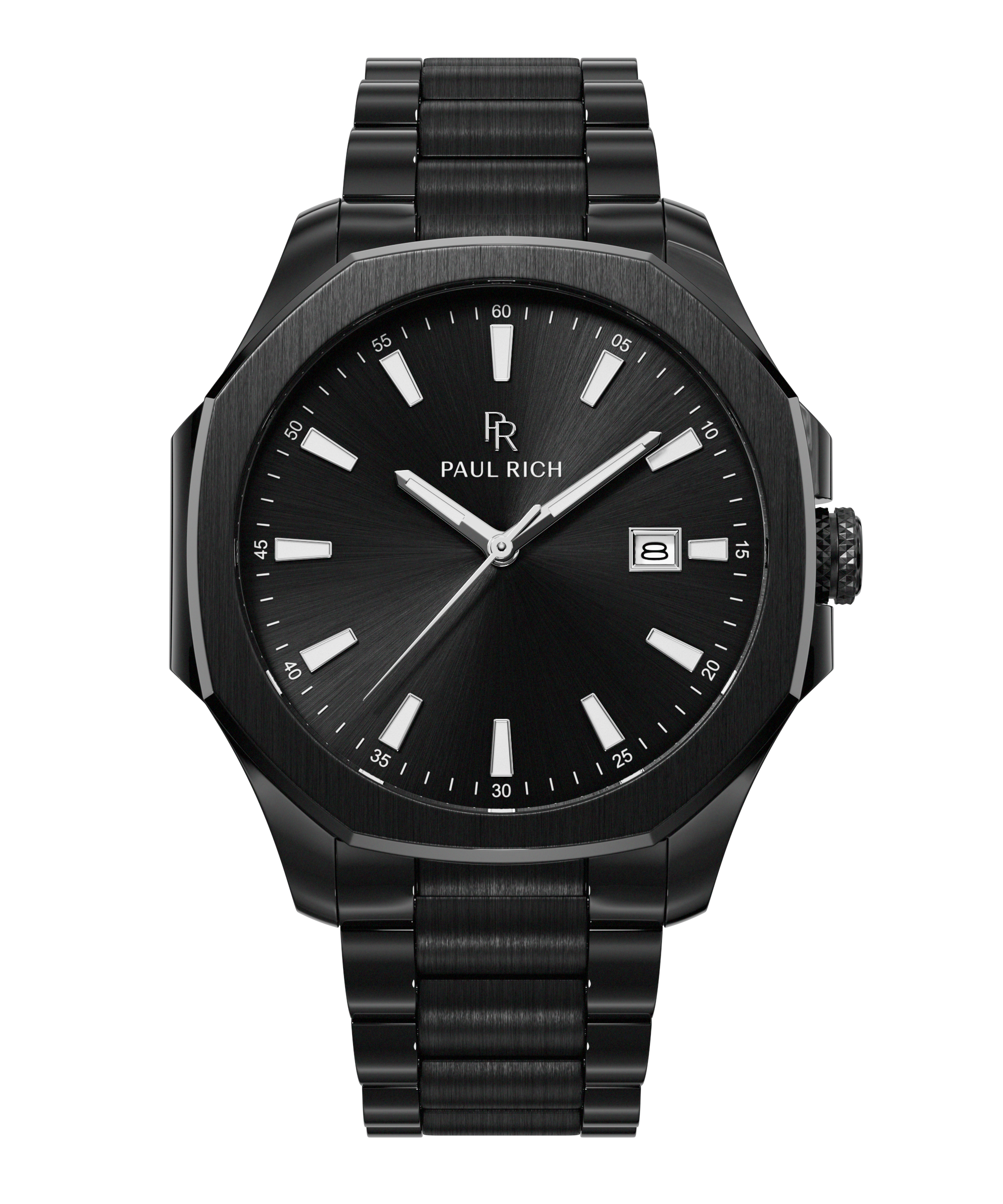 Front view of Paul Rich watch with black sunray dial, silver indices, date window at 3 o’clock, and brushed black metal bracelet.