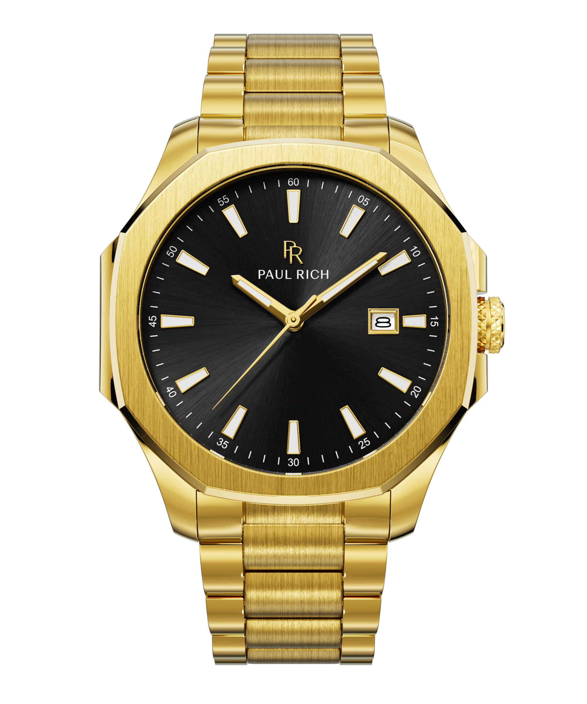 Front view of Paul Rich watch with brushed gold case and bracelet, black sunray dial, gold hands and indices, and date window at 3 o’clock.