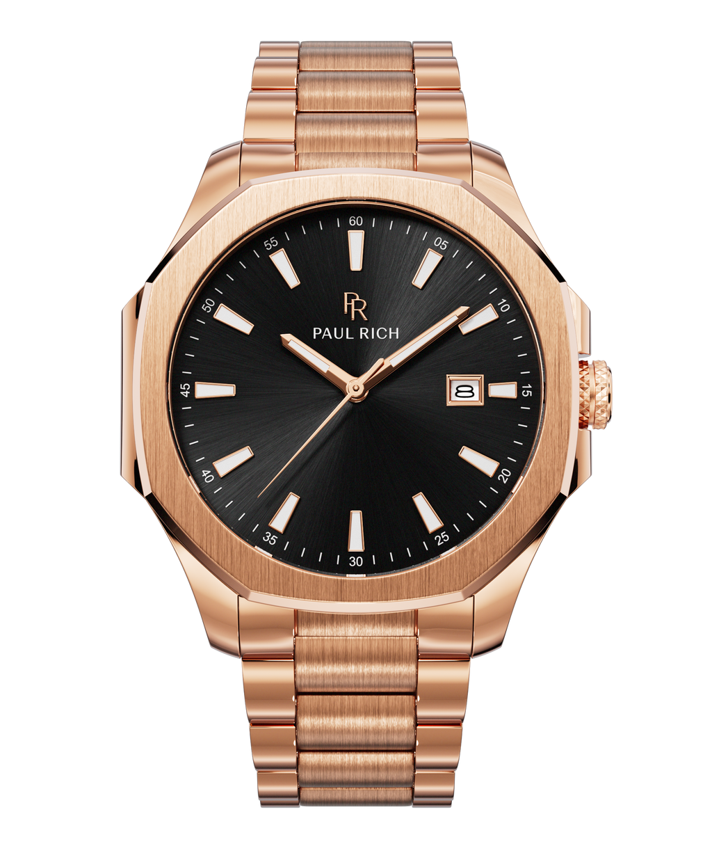 Front view of Paul Rich watch with brushed rose gold case and bracelet, black sunray dial, rose gold hands, and date window at 3 o’clock.