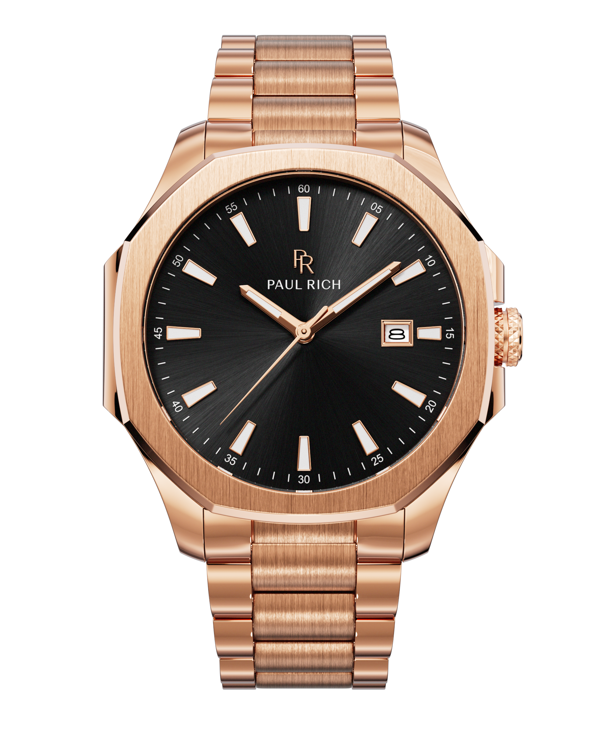 Front view of Paul Rich watch with brushed rose gold case and bracelet, black sunray dial, rose gold hands, and date window at 3 o’clock.