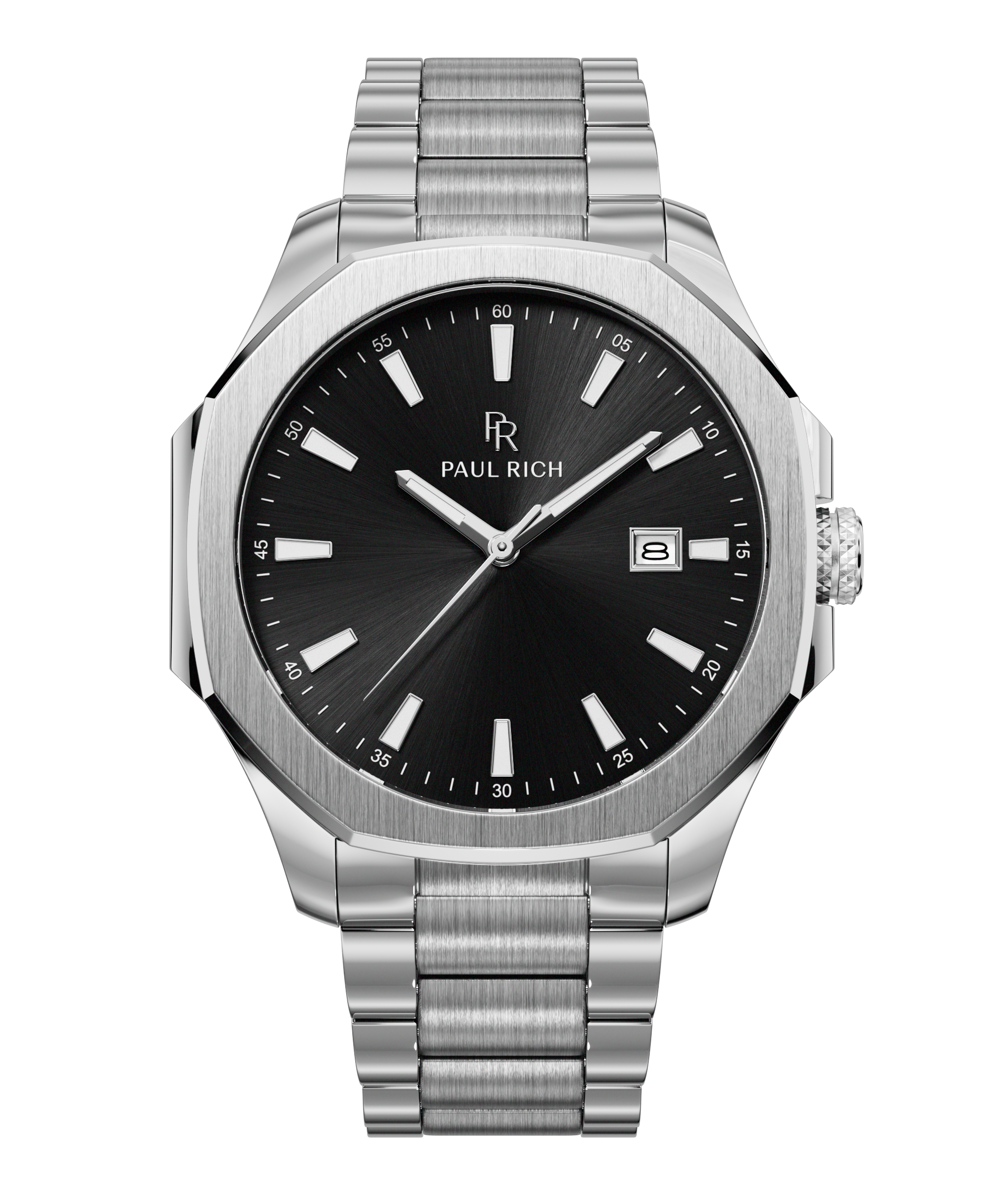 Front view of Paul Rich watch with black sunray dial, silver indices, date window at 3 o'clock, and brushed silver bracelet.