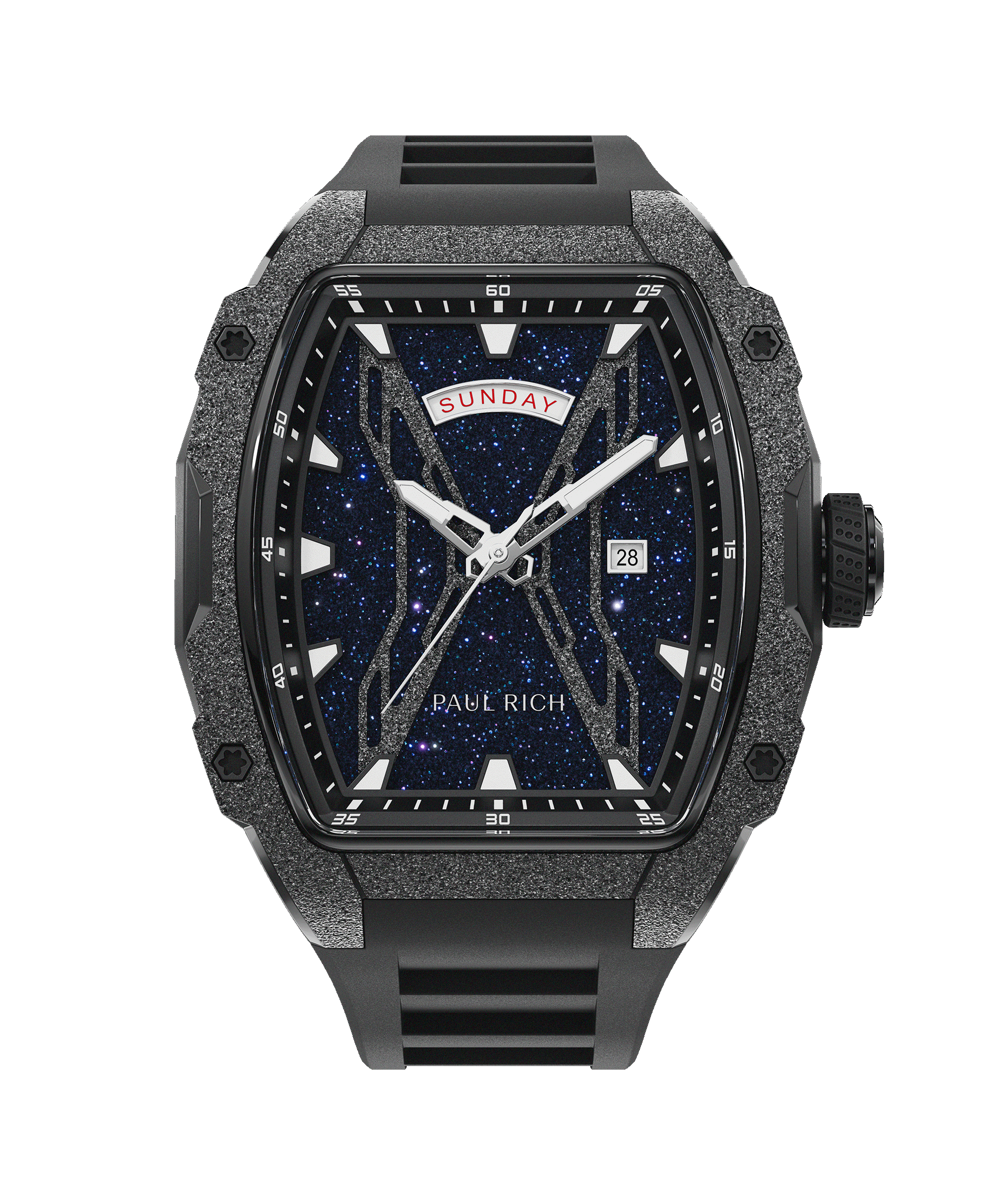 Front view of Paul Rich watch with blue aventurine dial, day and date display, frosted case, and black rubber strap.
