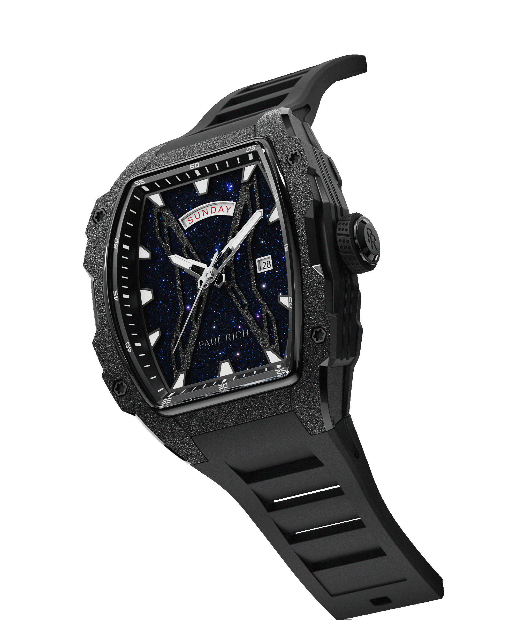 Angled view of Paul Rich watch with blue aventurine dial, frosted bezel, PR monogram crown, day-date display, and black rubber strap.