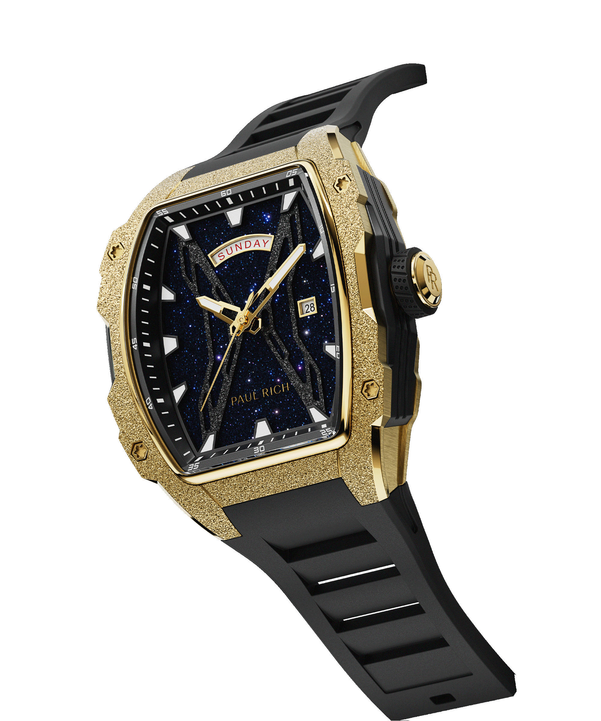 Angled view of Paul Rich watch with frosted gold tonneau case, blue aventurine dial, day-date display, and black rubber strap.