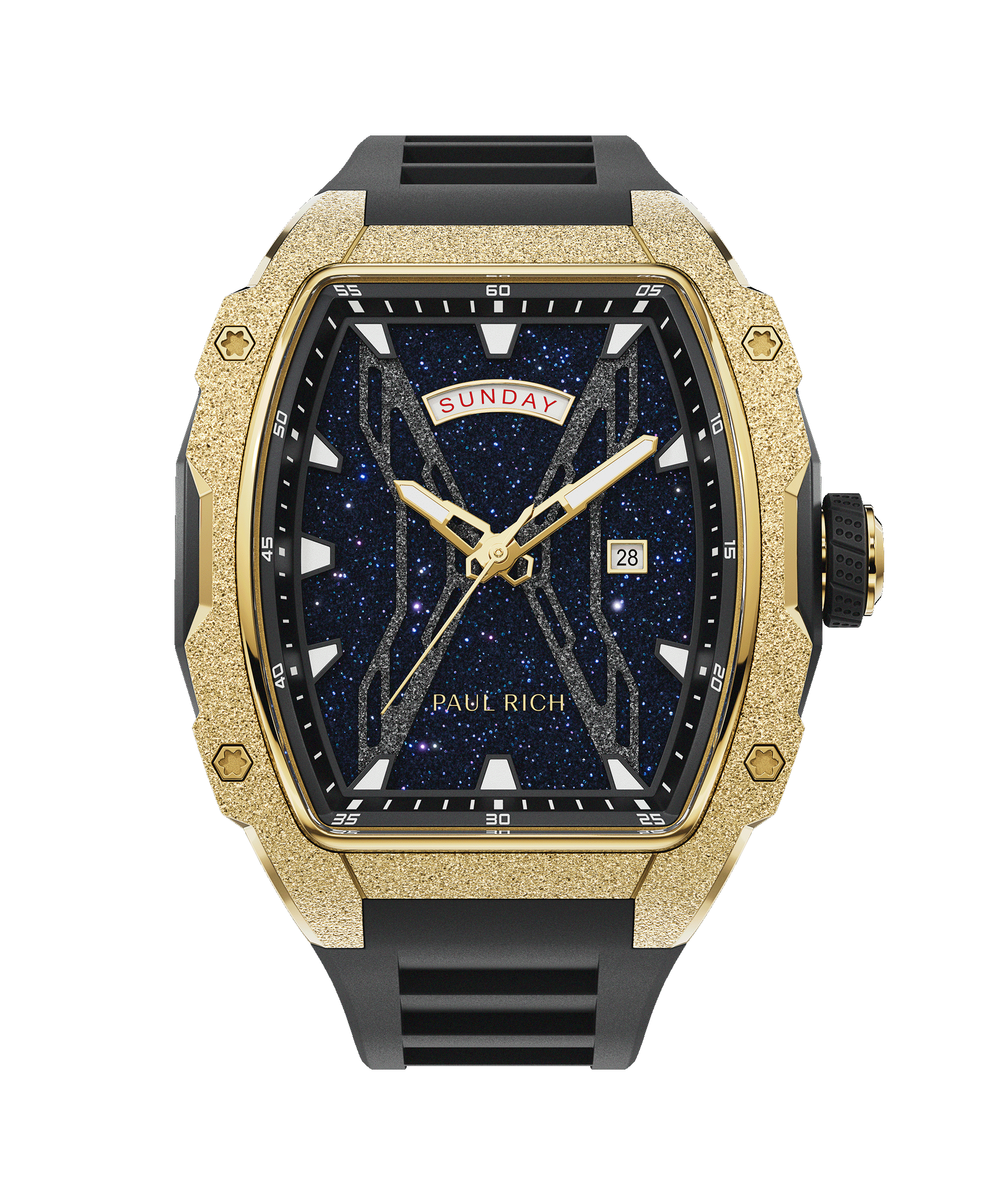 Paul Rich watch with frosted gold tonneau case, blue aventurine dial, gold hands, day-date display, and black rubber strap, shown front-facing.