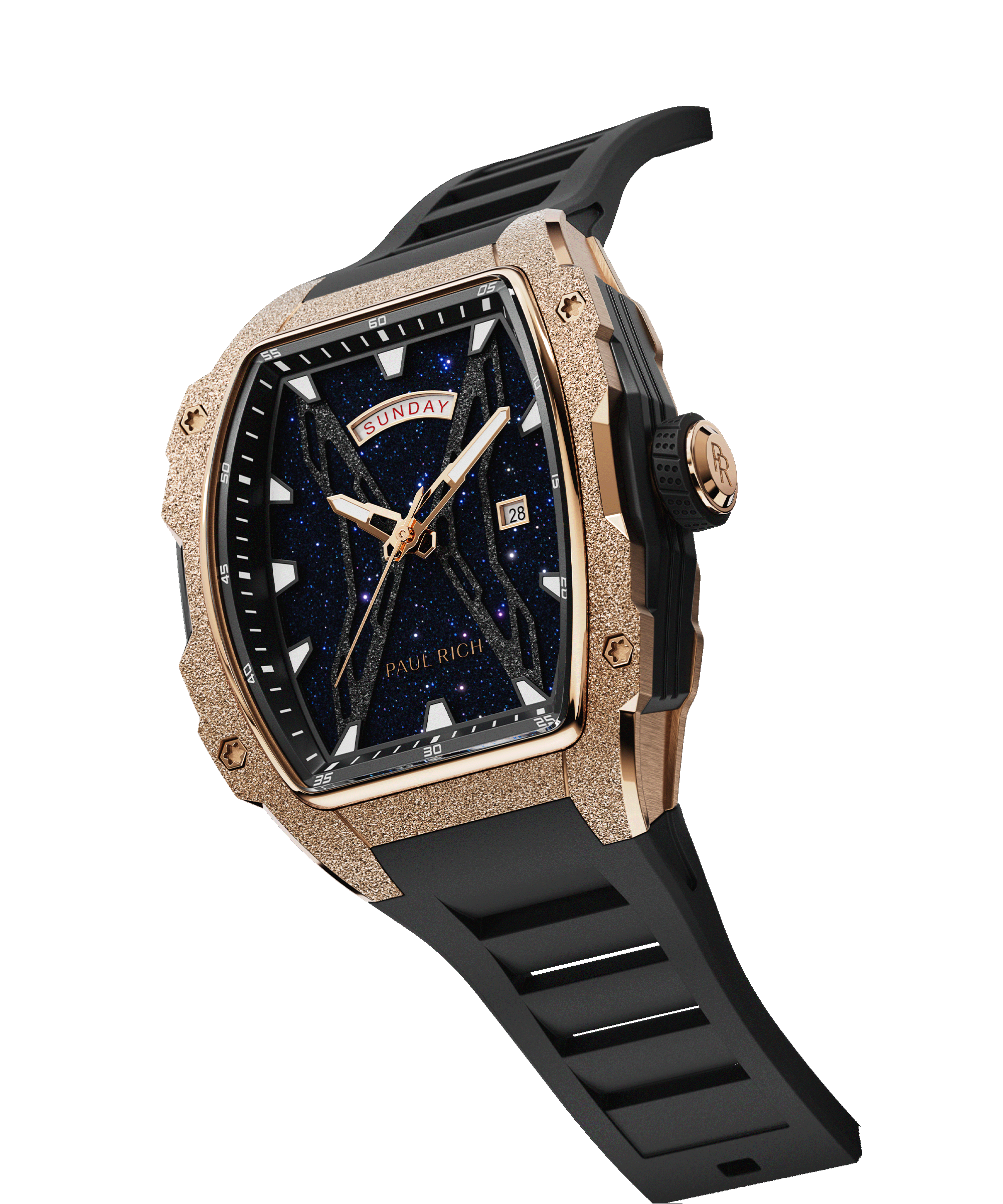 Angled view of Paul Rich watch with frosted rose gold tonneau case, blue aventurine dial, day-date display, and black rubber strap.