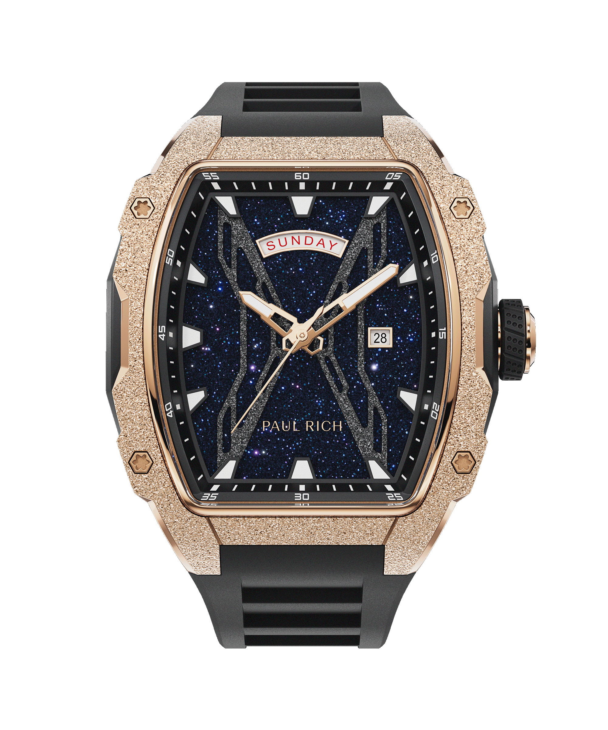 Paul Rich watch with frosted rose gold tonneau case, black rubber strap, blue aventurine dial, day-date display, and bold white hour markers.