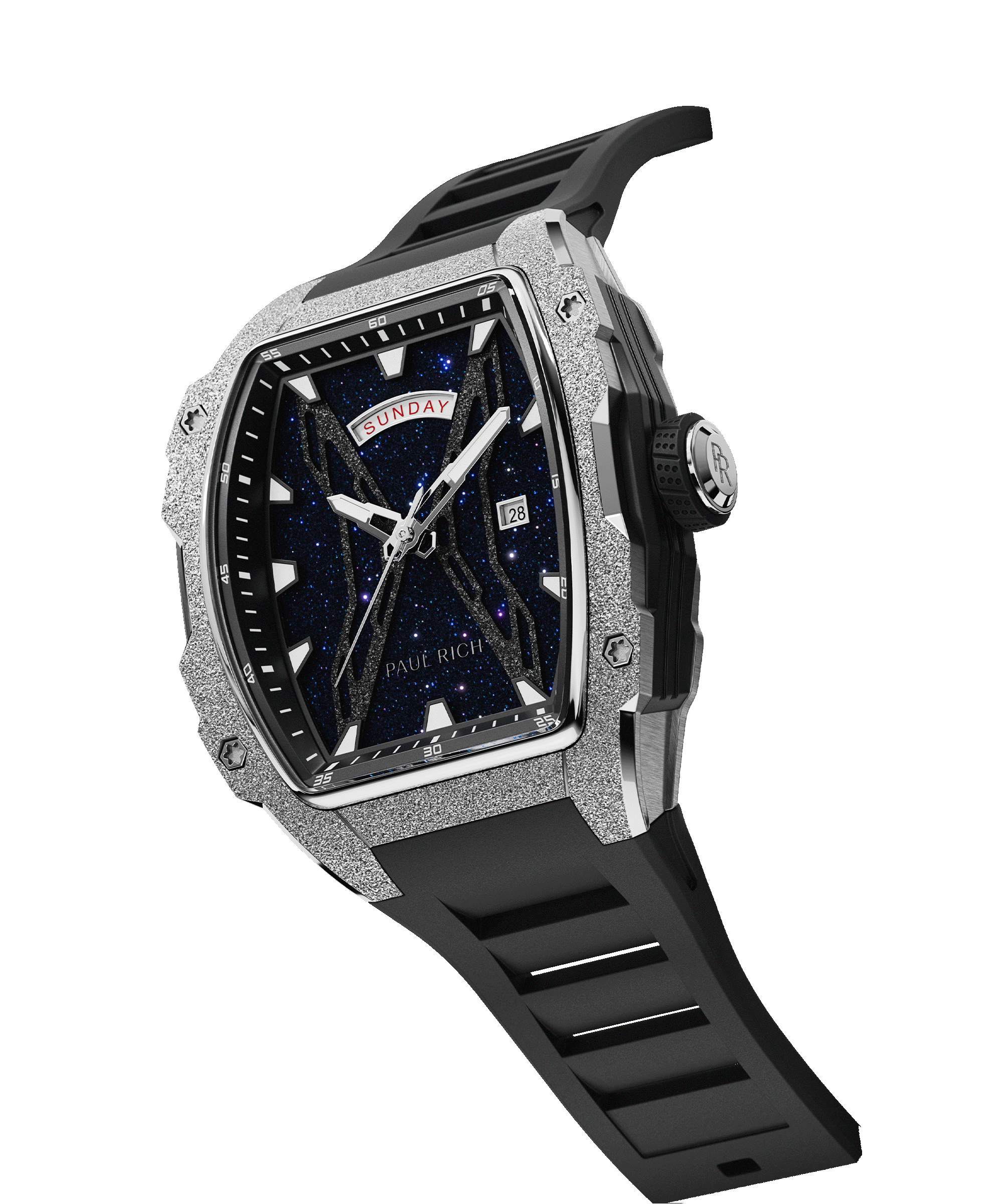 Angled view of Paul Rich watch with blue aventurine dial, silver frosted bezel, PR monogram crown, day-date display, and black strap.