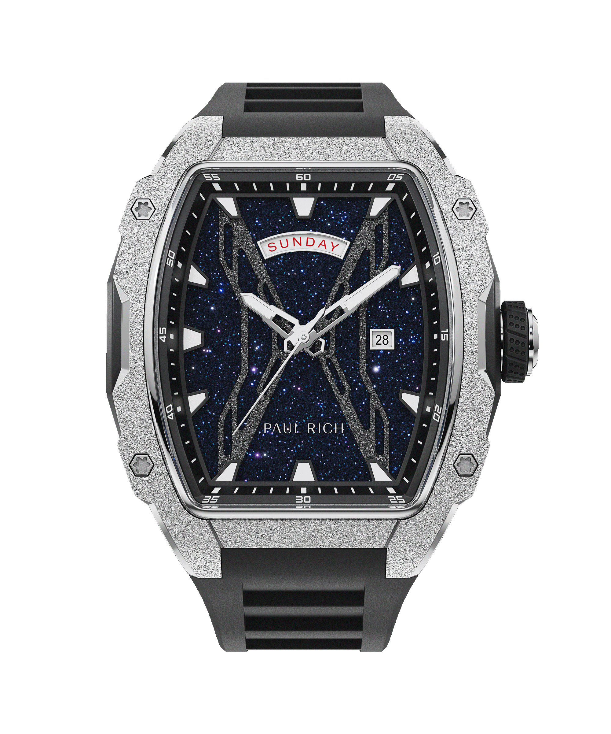 Front view of Paul Rich watch with blue aventurine dial, silver frosted bezel, day and date display, and black rubber strap.