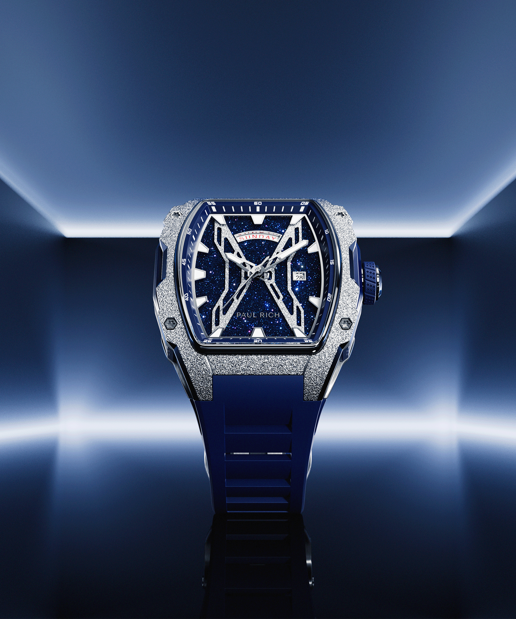 Paul Rich watch with blue aventurine dial, silver frosted bezel, and blue strap, displayed in neon blue-lit environment.