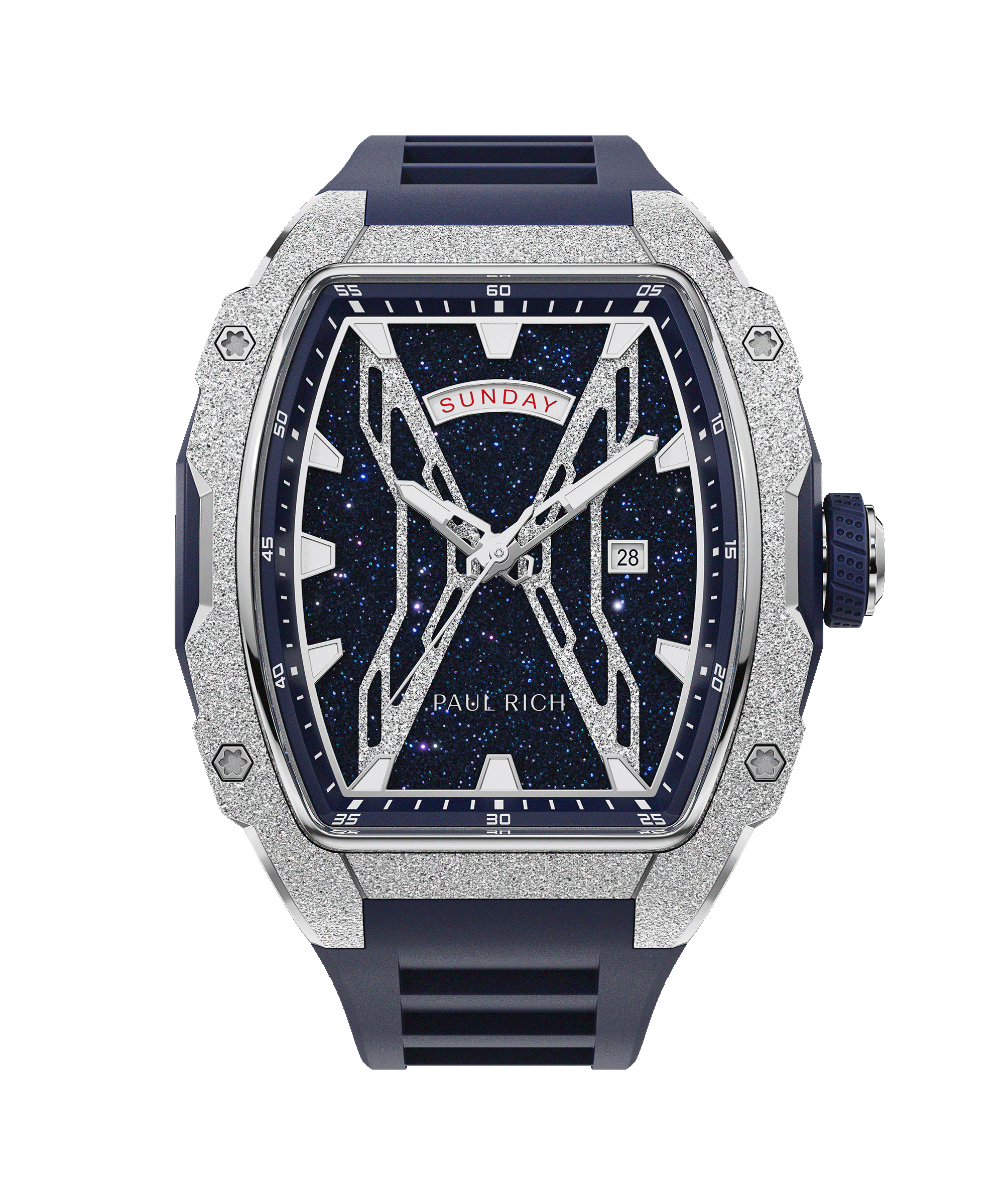 Front view of Paul Rich watch with blue aventurine dial, silver frosted bezel, day-date display, and matching blue rubber strap.